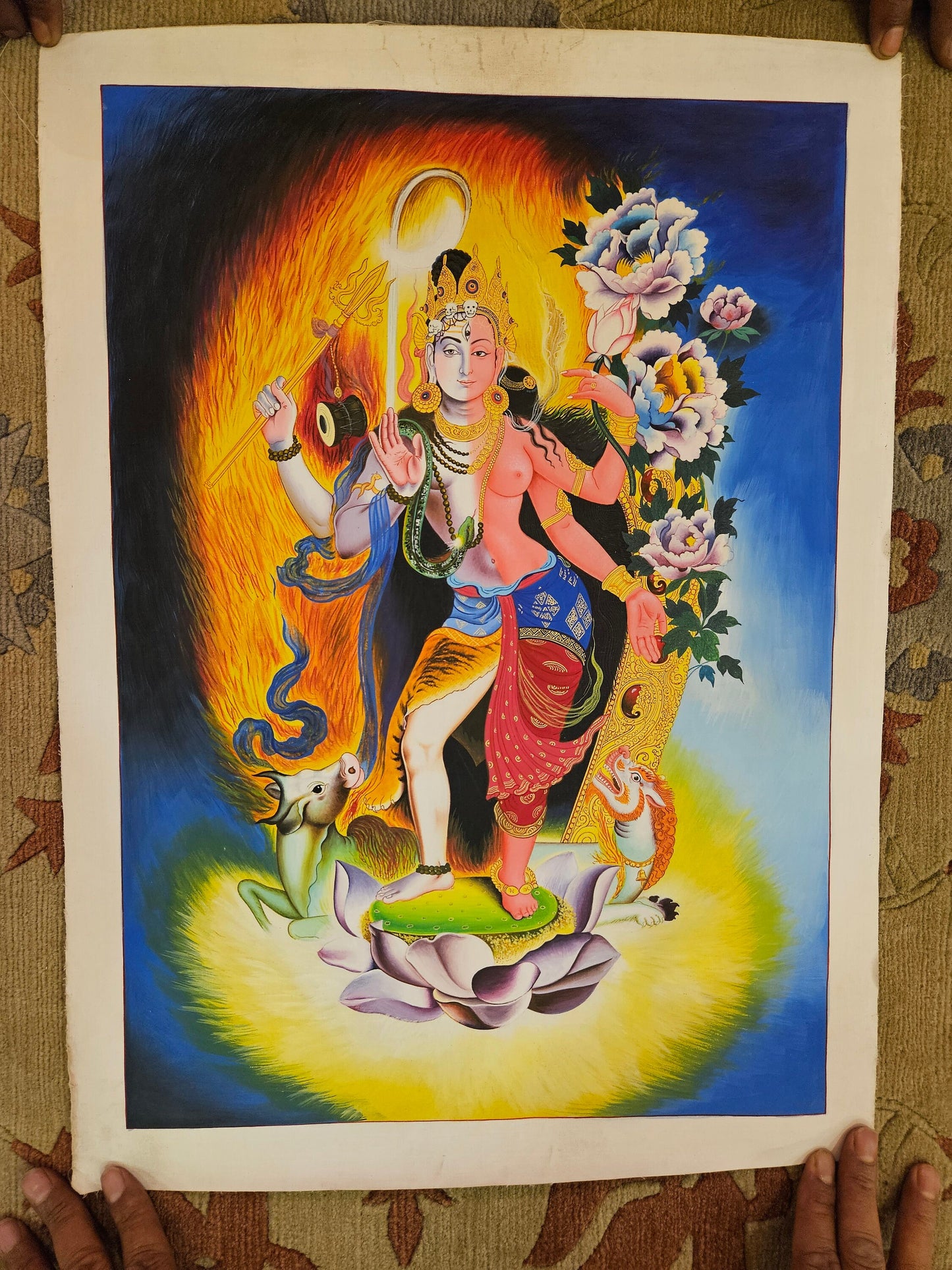336. Newari Style Shiva and Parvati Ardhanarishvara Thanka (Thangka) Paubha. Free Brocade / Free Shipping.