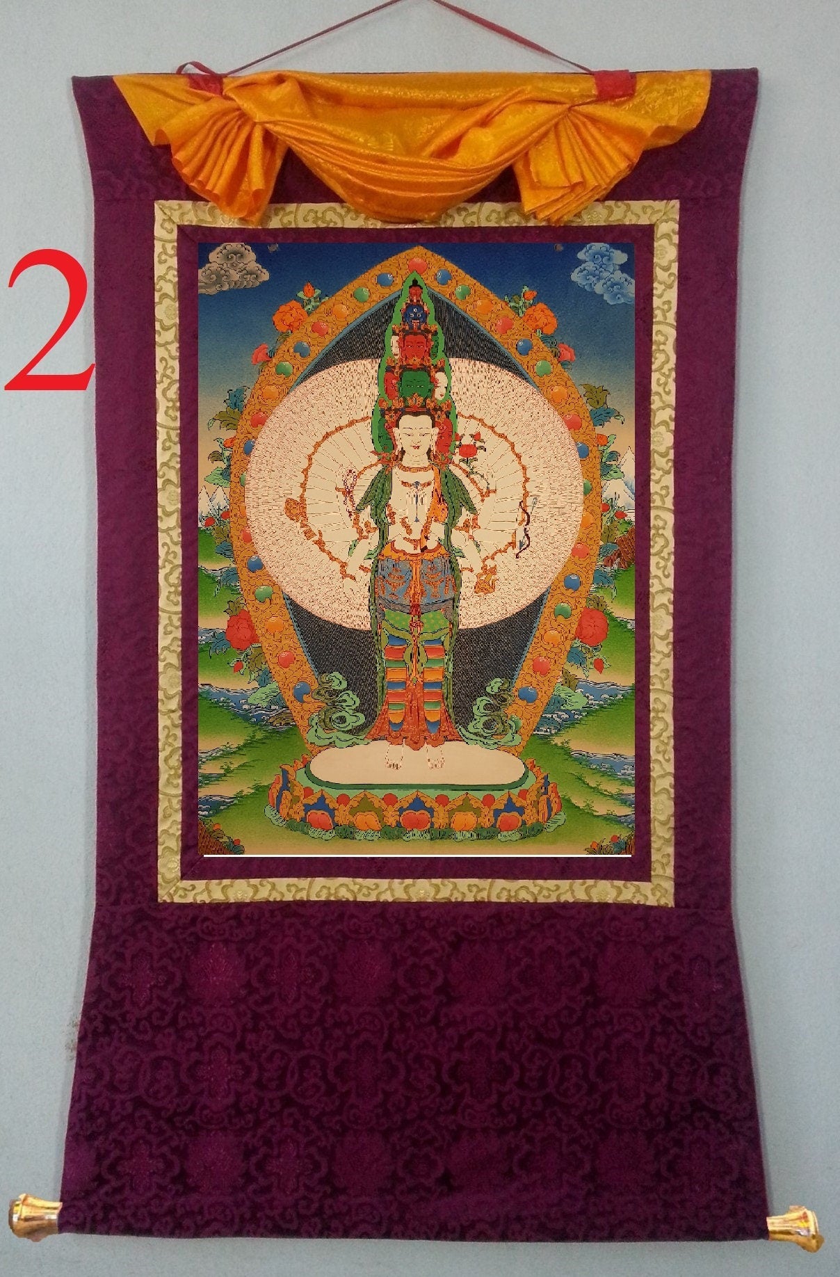 35. 1000 (Thousand) Arm Chenrezig Avalokiteshvara Thangka (Thanka). Free Brocade / Free Shipping.