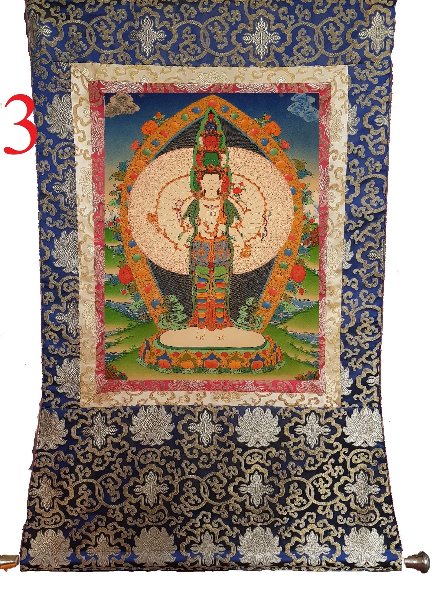 35. 1000 (Thousand) Arm Chenrezig Avalokiteshvara Thangka (Thanka). Free Brocade / Free Shipping.