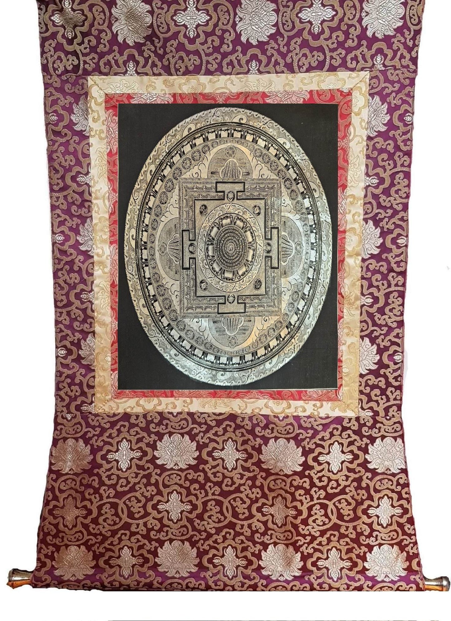342. Silver and Black Mantra Mandala Thangka (Thanka). Free Brocade / Free Shipping.