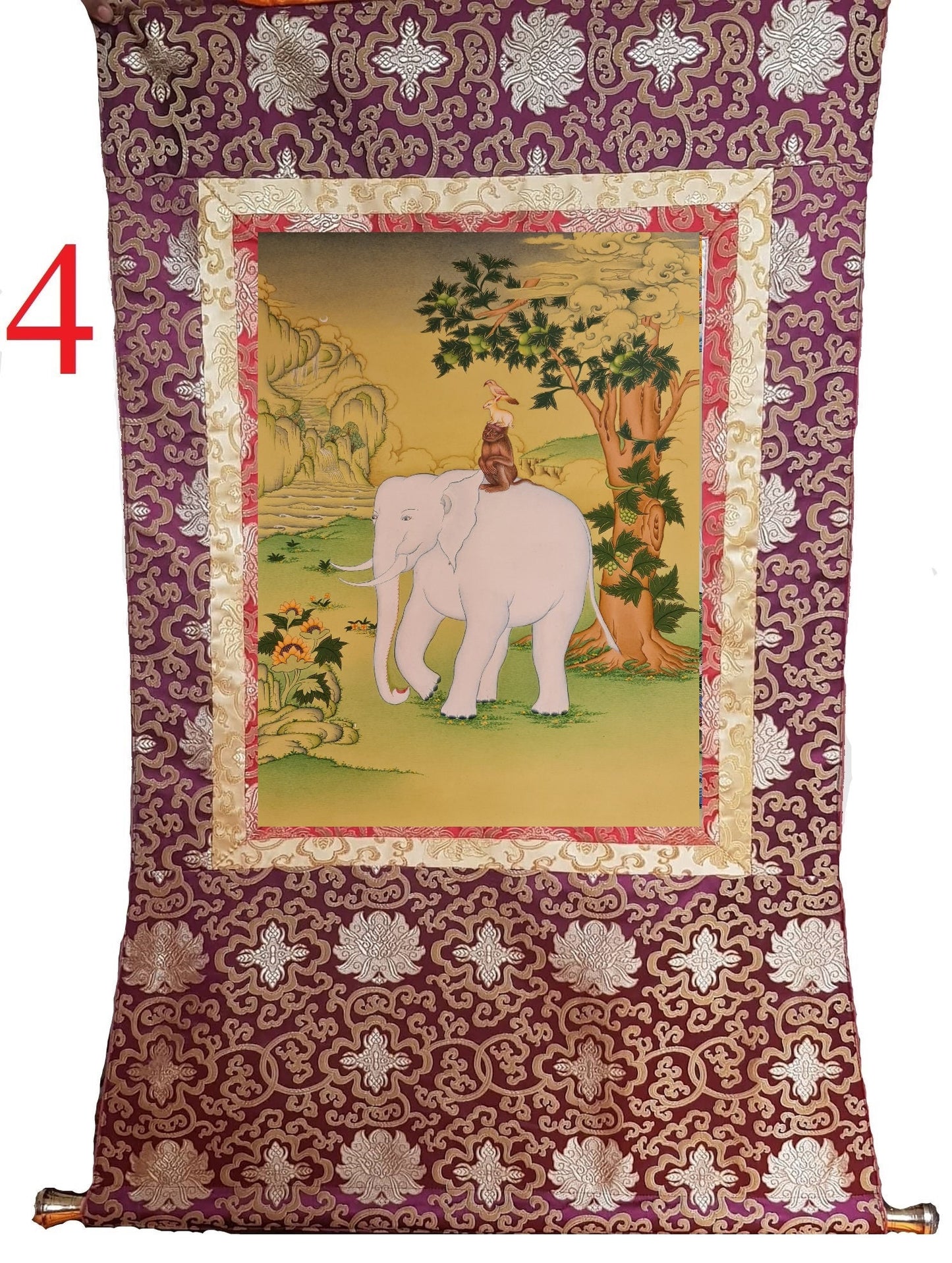 209. Four Friends or Harmonious Brothers Thangka (Thanka) Painting. Free Brocade / Free Shipping.