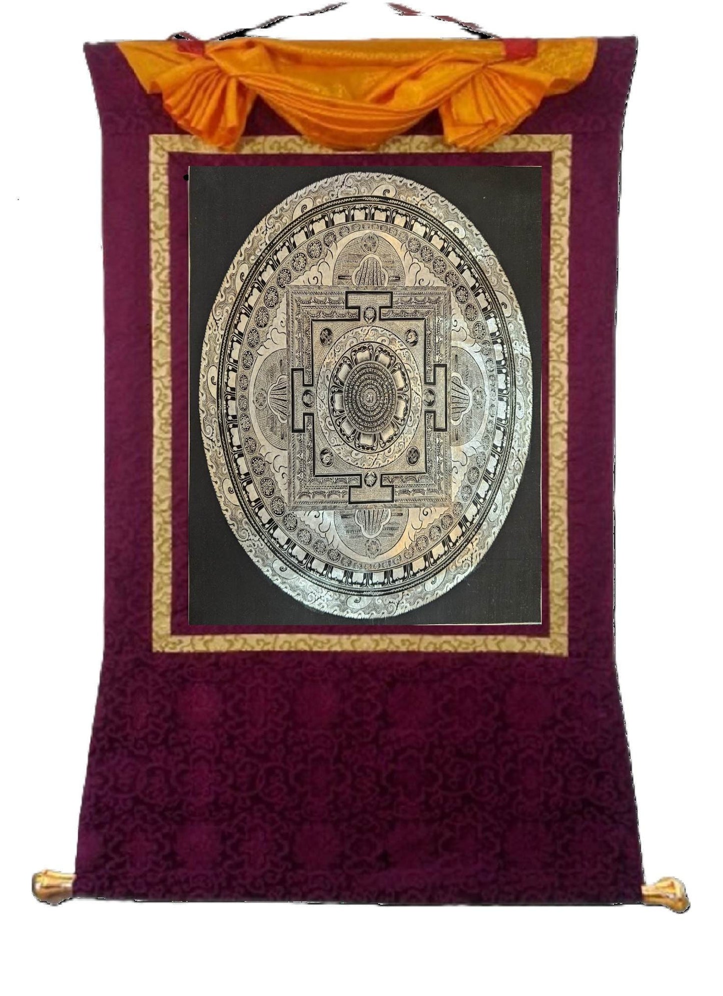 342. Silver and Black Mantra Mandala Thangka (Thanka). Free Brocade / Free Shipping.
