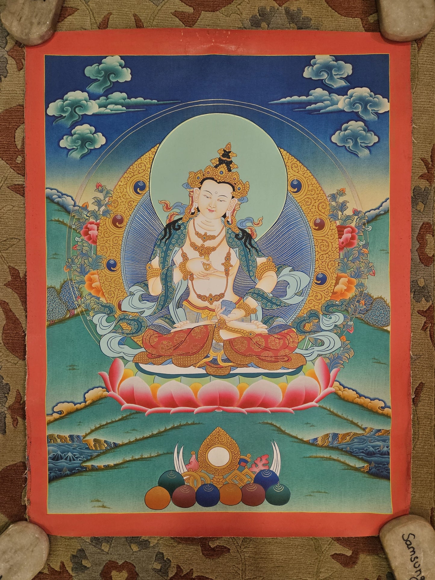 134. Vajrasattva Tibetan Thangka (Thanka) Painting. Free Brocade / Free Shipping.