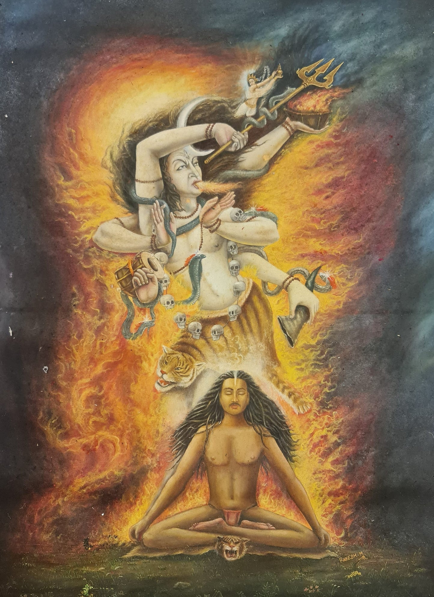 Shiva and Bhagirath Oil Painting in Canvas. Signed by the Artist.