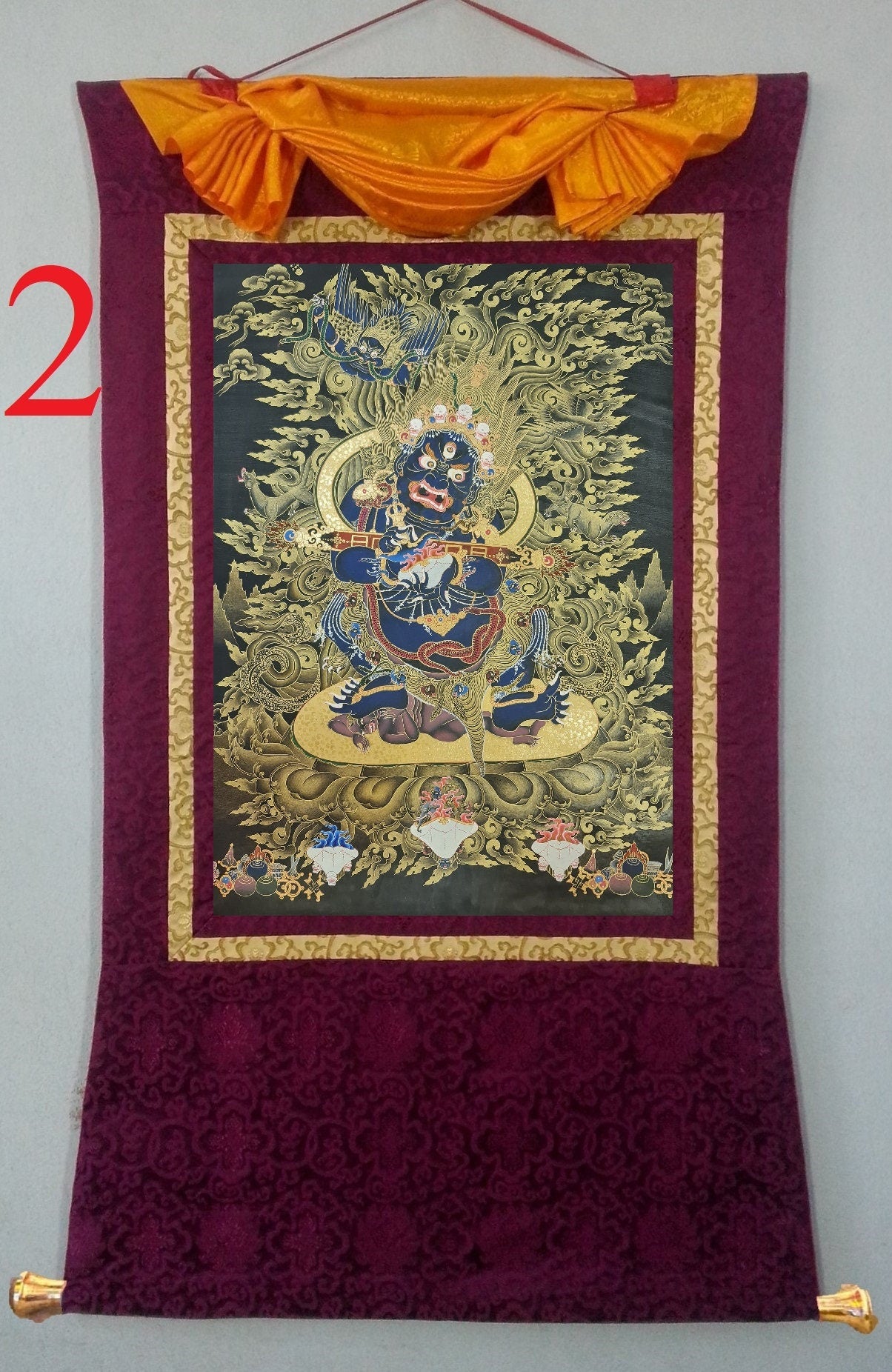 238. Panjarnata Chaturbhuja Shakya Legden Mahakala Thangka (Thanka). Free Brocade / Free Shipping.