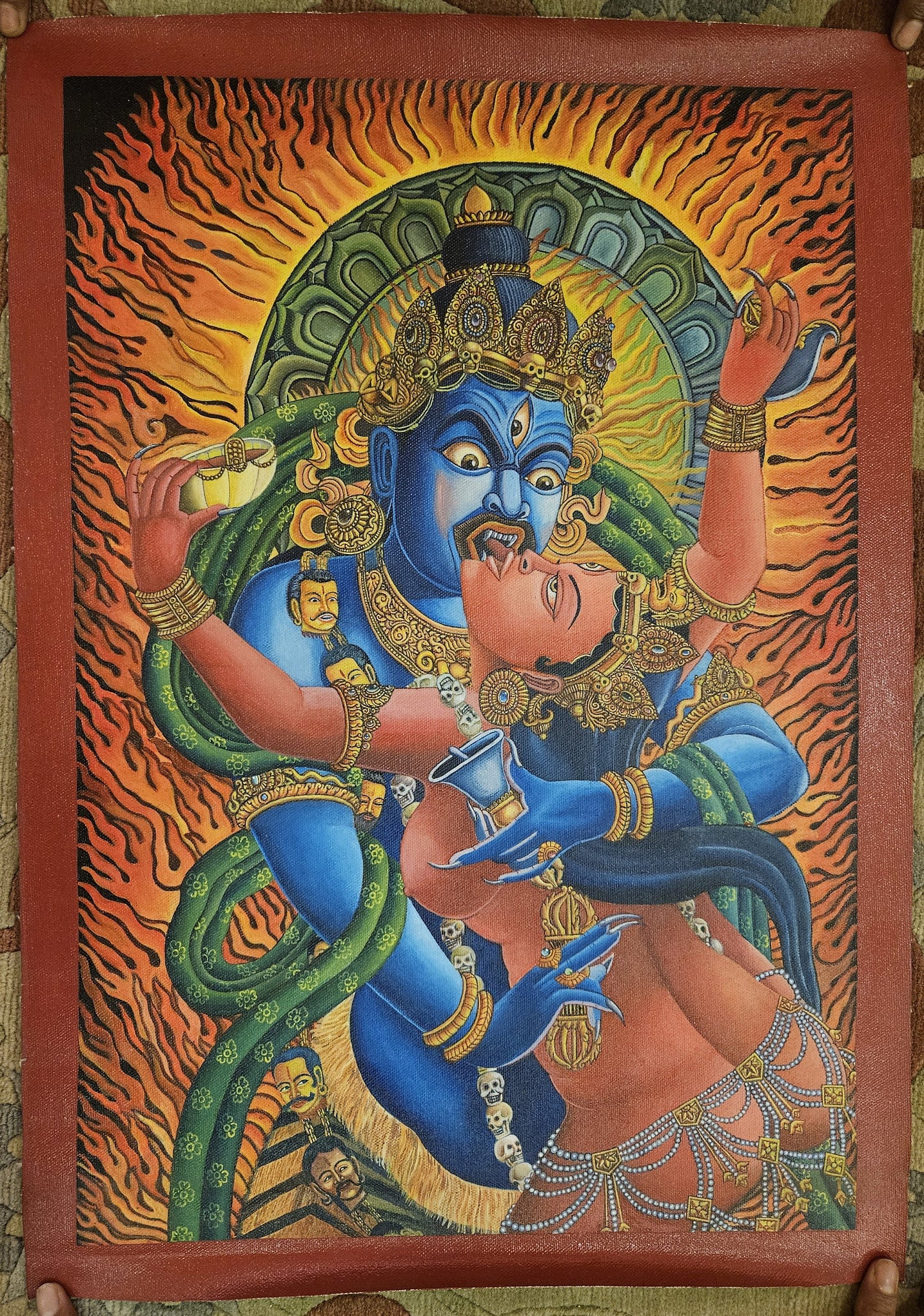 309. Two-Armed Heruka Chakrasamvara with Consort Thangka (Thanka) Oil Painting. Free Brocade / Free Shipping.