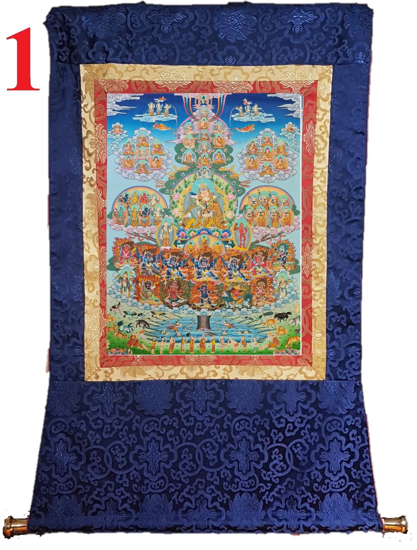 229. Nyingma Lineage Tree Longchen Nyingtik Thangka (Thanka) Painting with 24 K Gold. Free Brocade / Free Shipping.