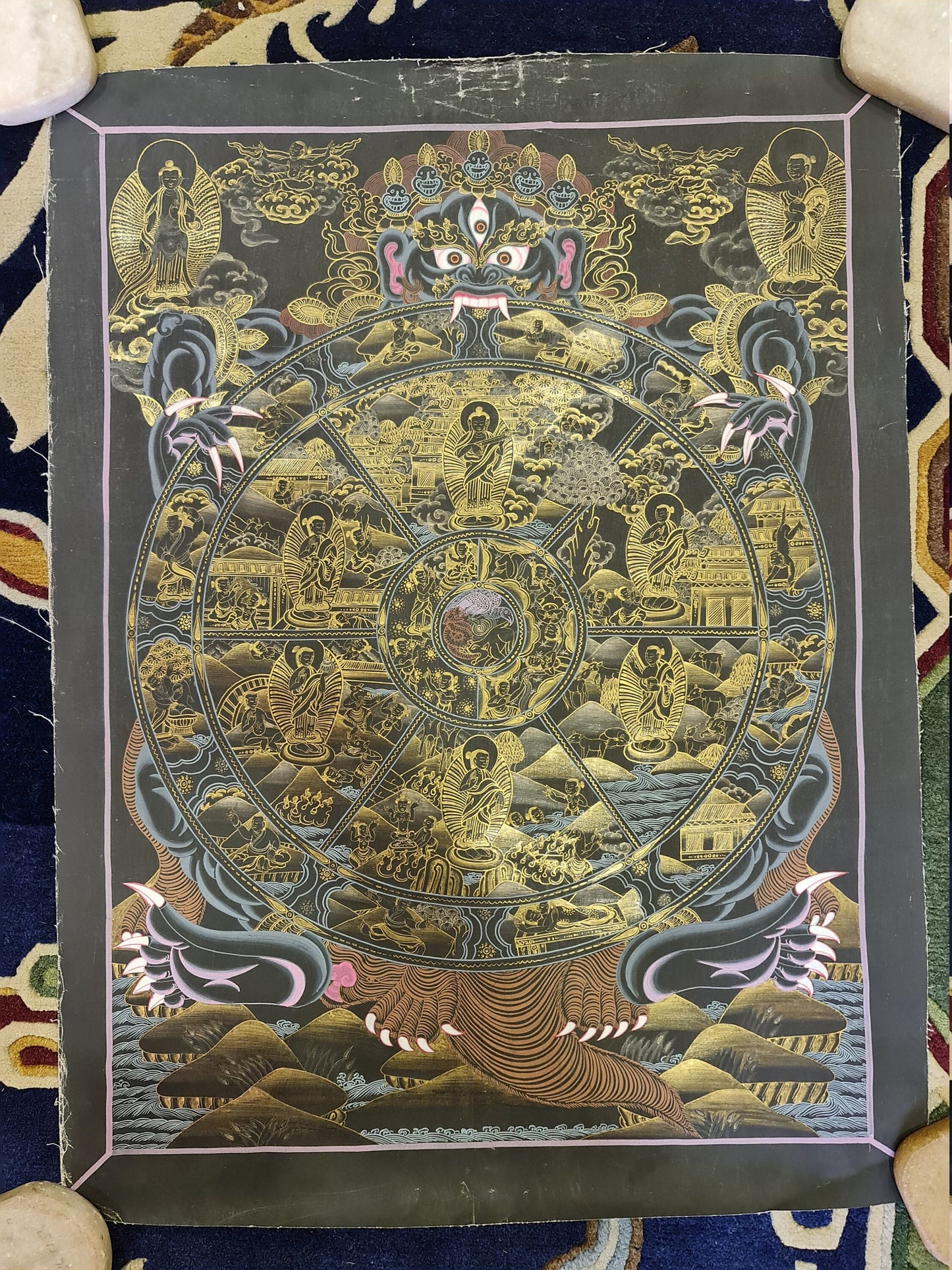 60. 15 Years Old Wheel of Life (Samsara) Thangka (Thanka) Painting with 24 K Gold. Free Brocade / Free Shipping.