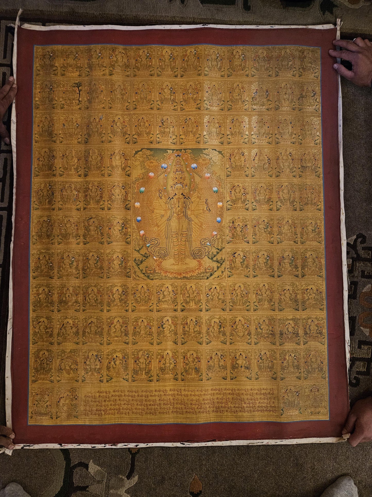 319. 1000 (Thousand) Arm Chenrezig Avalokiteshvara 25 Year Old Thangka (Thanka) Horizontal Painting. Free Shipping.