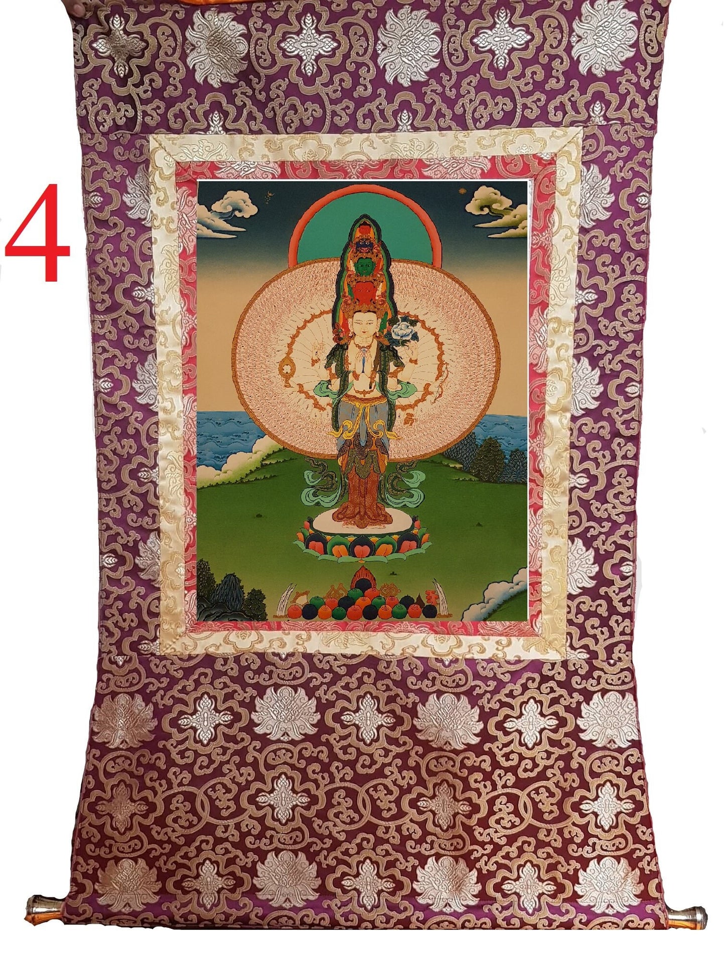 34. 1000 (Thousand) Arm Chenrezig Avalokiteshvara Thangka (Thanka). Free Brocade / Free Shipping.