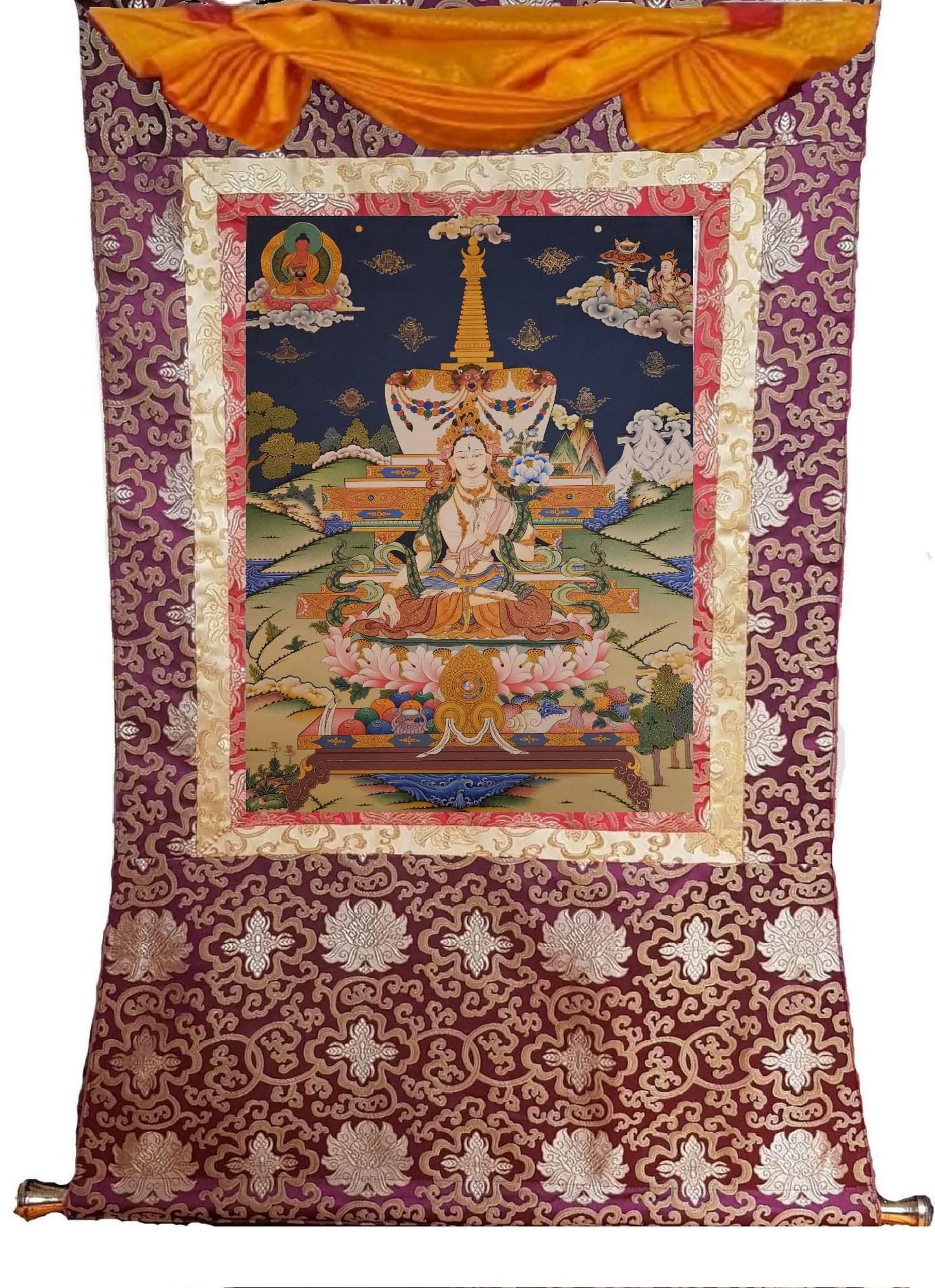 377. White Tara Stupa Thangka (Thanka). Free Brocade / Free Shipping.