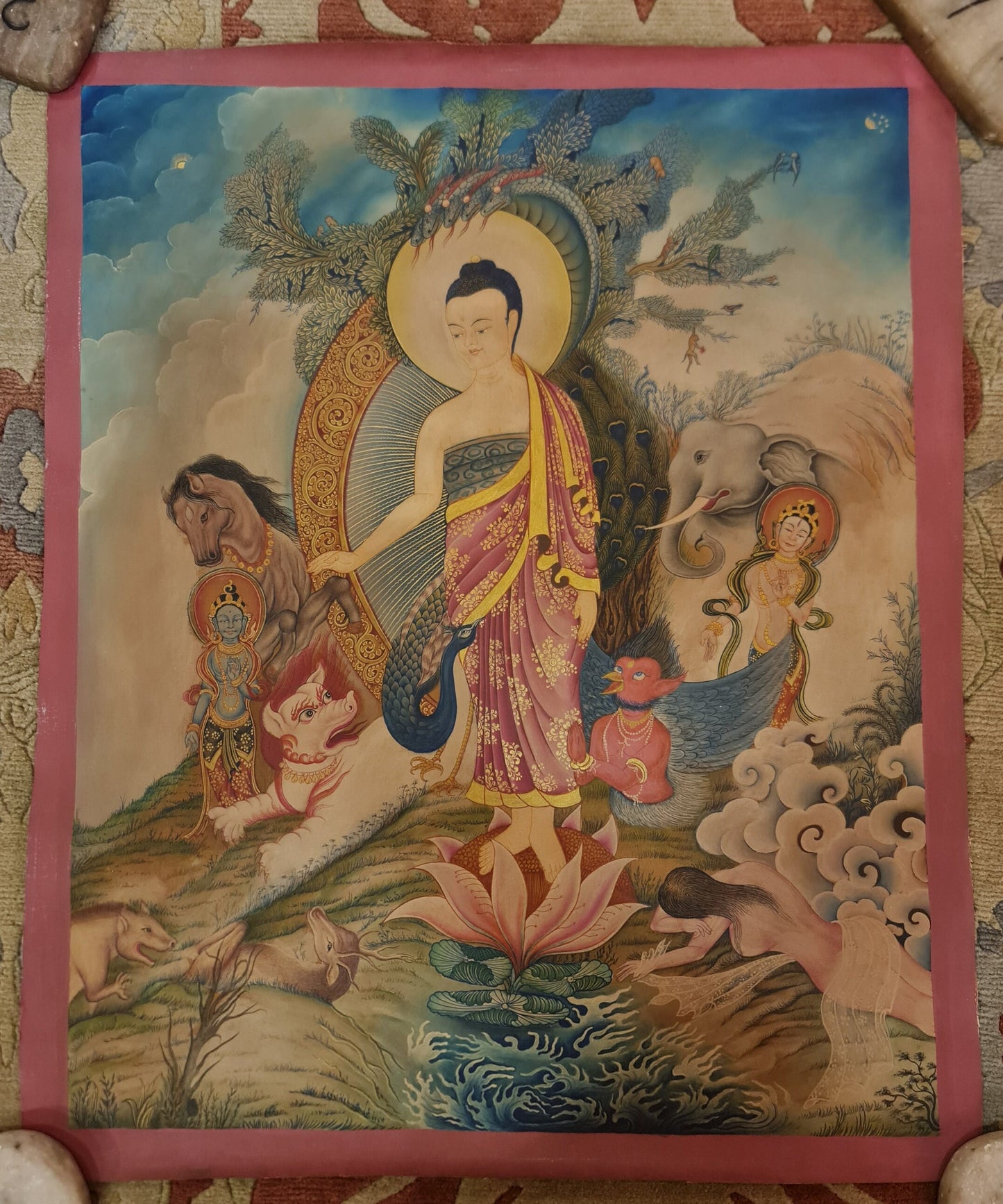 256. Modern Newari Style Art Maitreya (Metteyya) Buddha Thangka (Thanka). Free Brocade / Free Shipping.