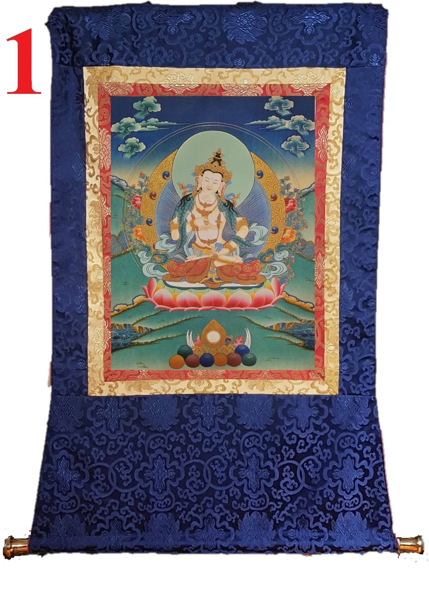 134. Vajrasattva Tibetan Thangka (Thanka) Painting. Free Brocade / Free Shipping.