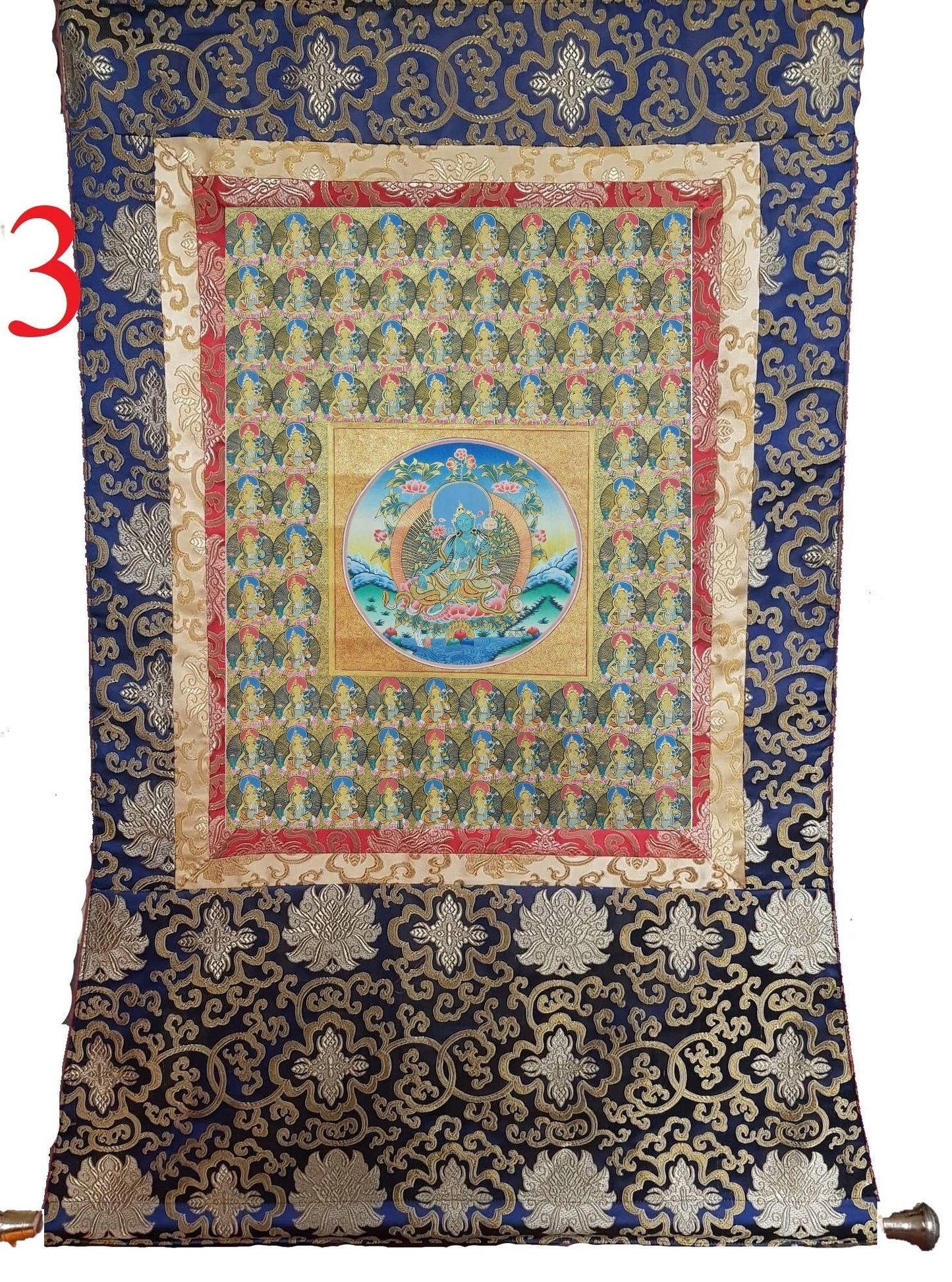 221. 108 Gold Green Tara Thangka (Thanka). Free Brocade / Free Shipping.
