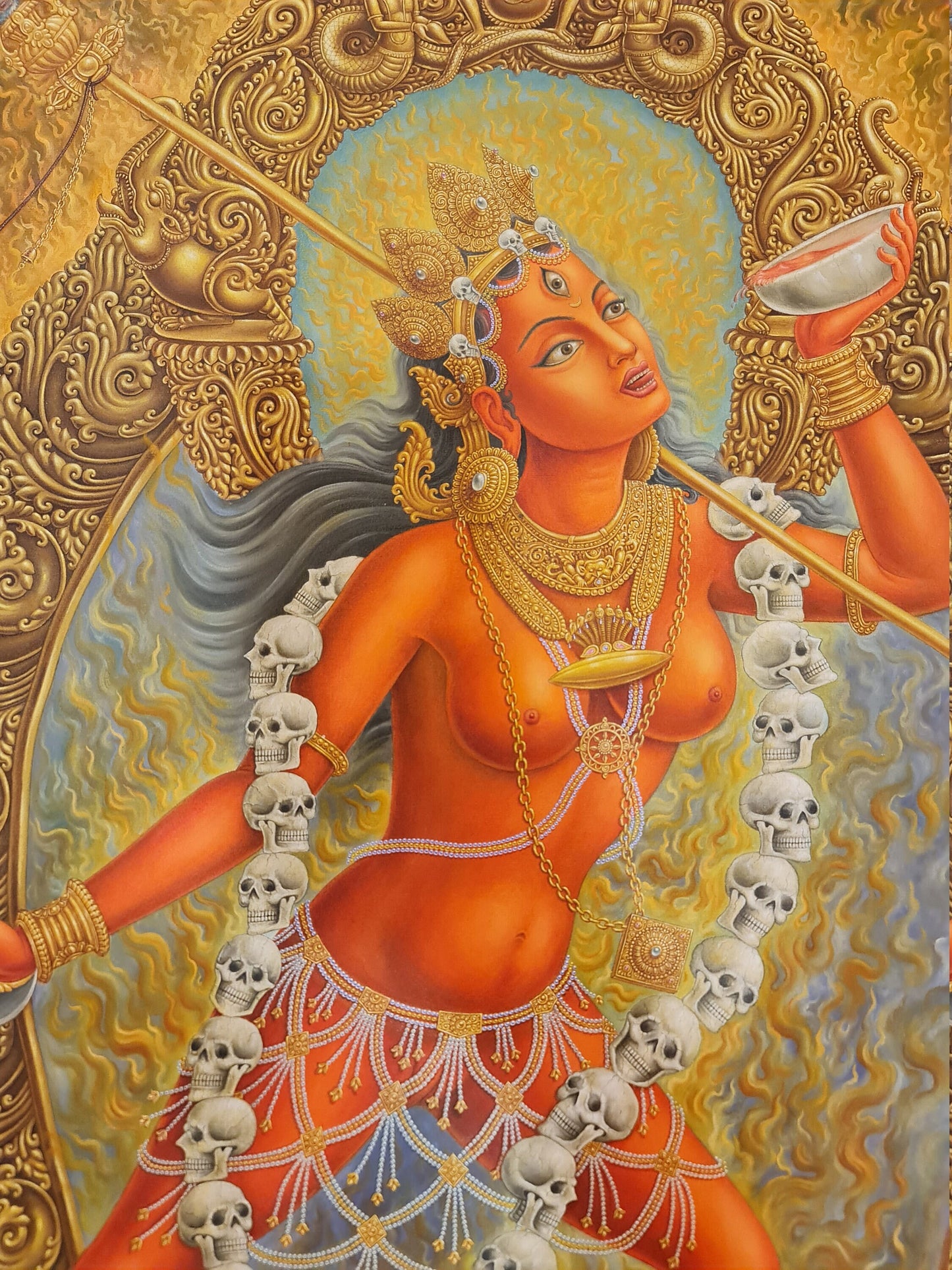 Vajrayogini Thangka (Thanka) Oil Newari Painting Paubha in Canvas. Signed by the Artist.