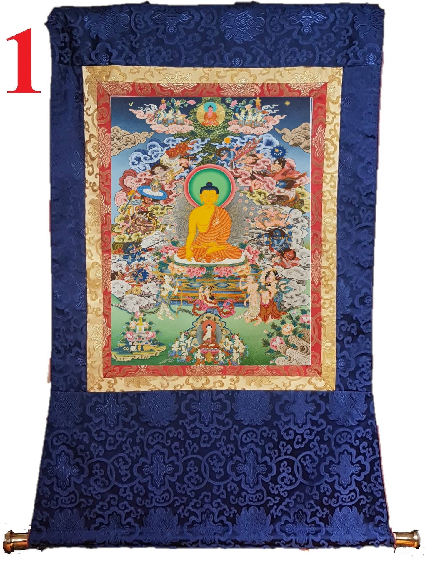 268. The Temptation of Buddha by Mara and his Three Daughters Thanka (Thangka). Free Brocade / Free Shipping.