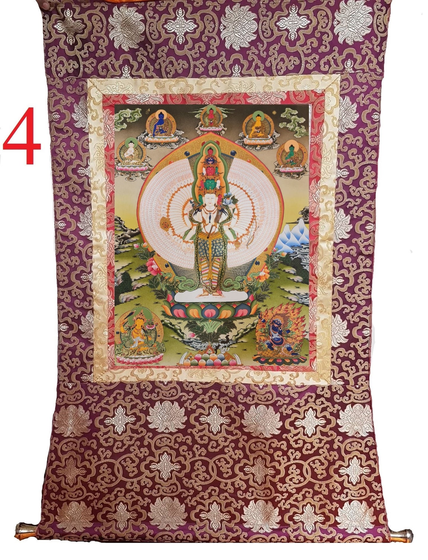 185. 1000 (Thousand) Arm Chenrezig Avalokiteshvara Thangka (Thanka). Free Brocade / Free Shipping.