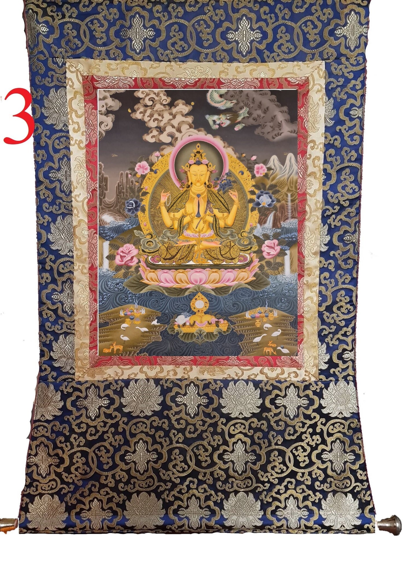 196. Chenrezig Thangka (Thanka). Free Brocade / Free Shipping.