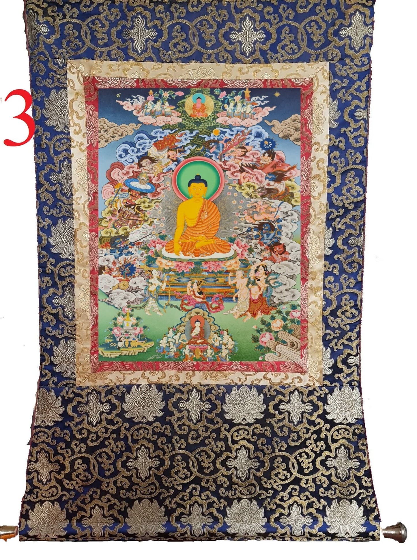 268. The Temptation of Buddha by Mara and his Three Daughters Thanka (Thangka). Free Brocade / Free Shipping.