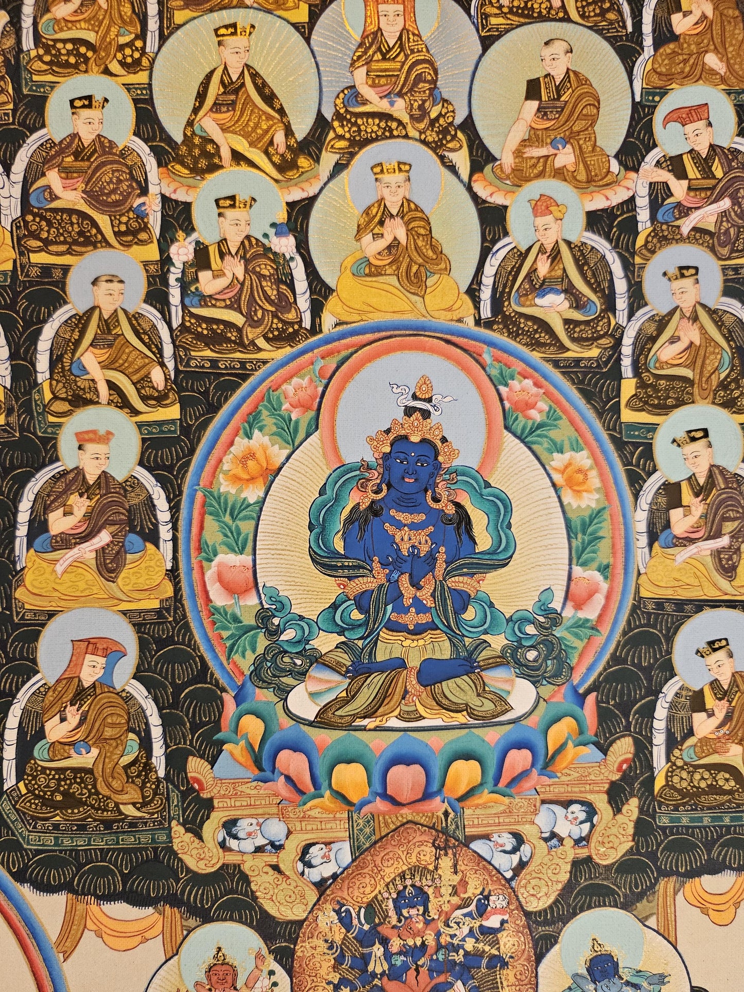 230. Karma Kagyu Lineage Tree Thangka (Thanka) Painting with 24 K Gold and Hand Loomed Khadi Brocade. Free Shipping.