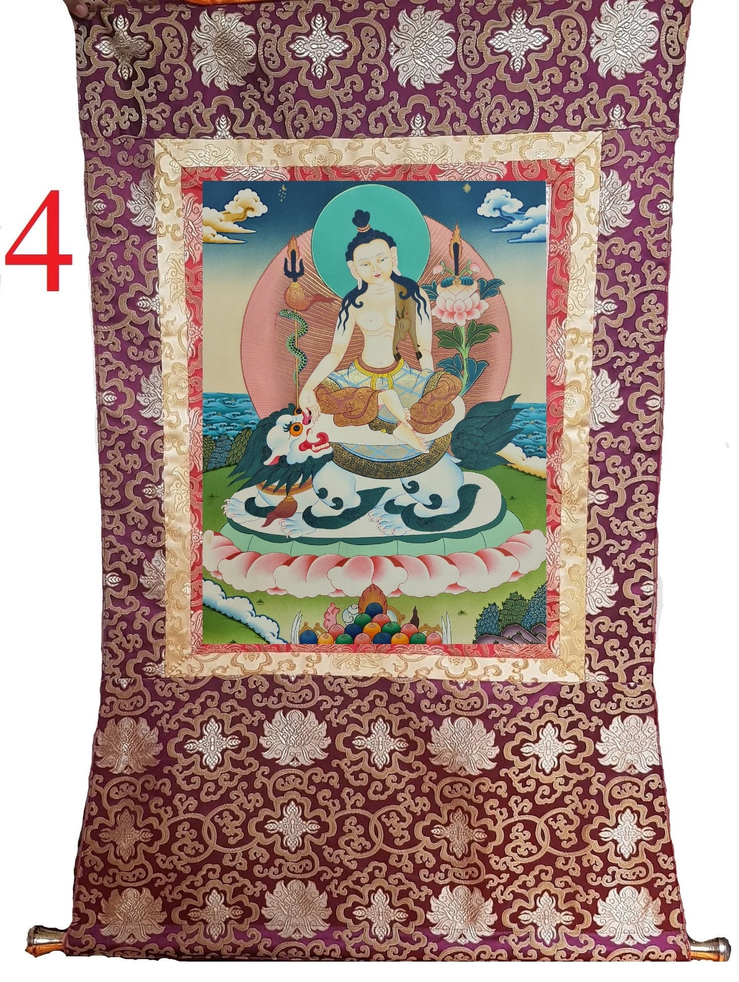 122. Simhanada Avalokiteshvara (Lokeshwor) Thangka (Thanka). Free Brocade / Free Shipping.