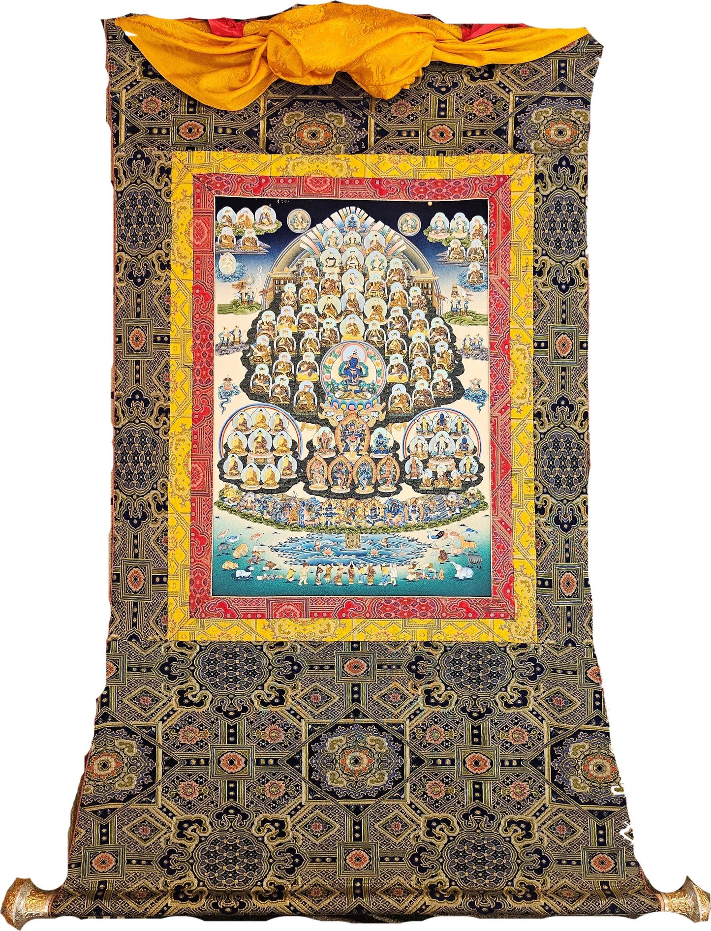 230. Karma Kagyu Lineage Tree Thangka (Thanka) Painting with 24 K Gold and Hand Loomed Khadi Brocade. Free Shipping.