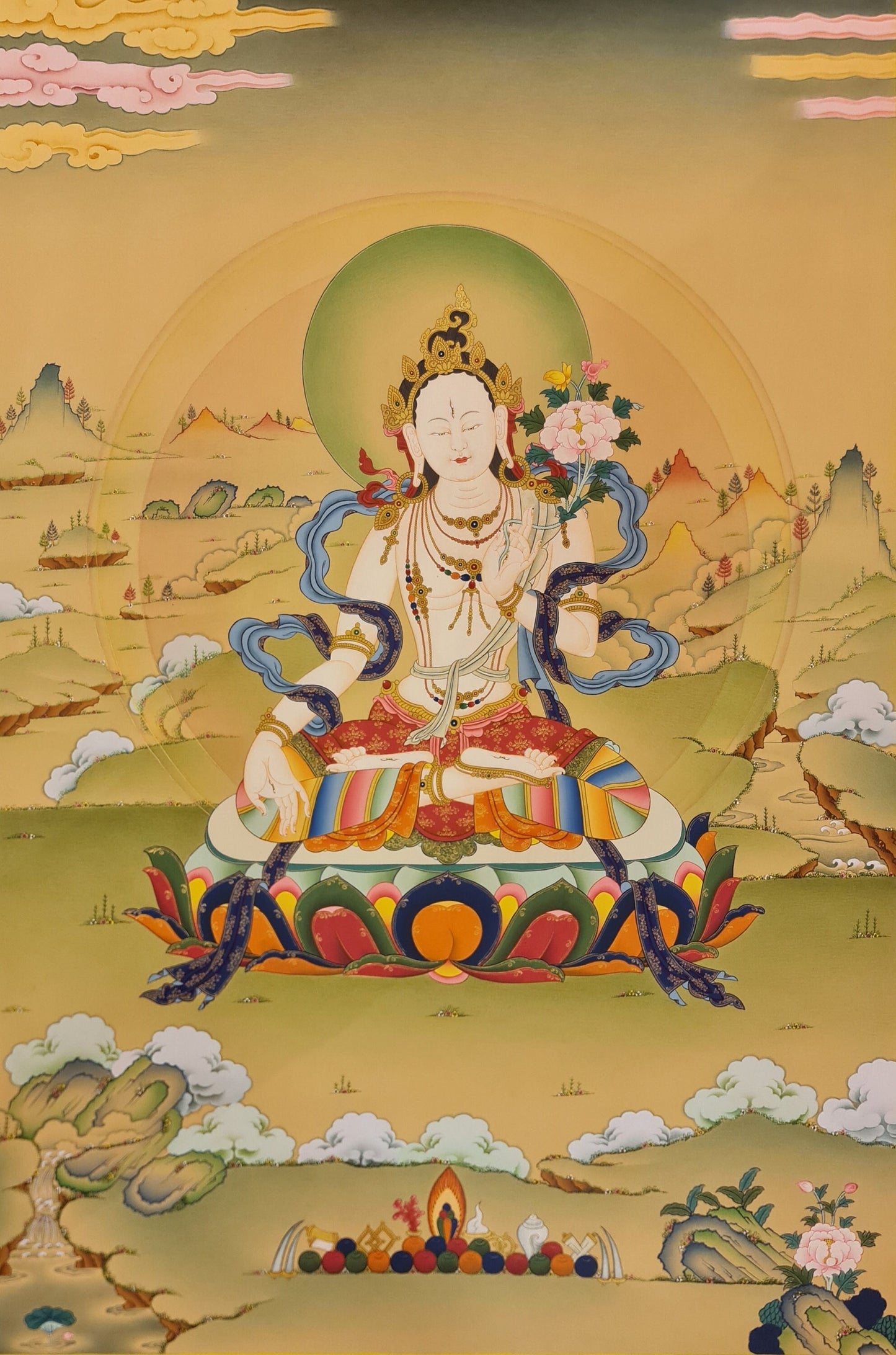 270. Karma Gadri White Tara Thangka (Thanka). Free Brocade / Free Shipping.