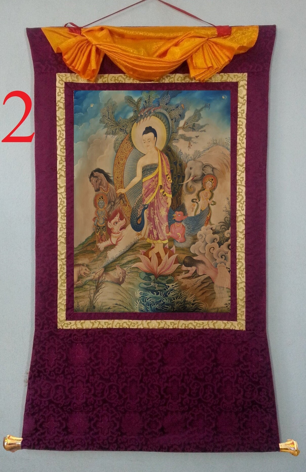 256. Modern Newari Style Art Maitreya (Metteyya) Buddha Thangka (Thanka). Free Brocade / Free Shipping.
