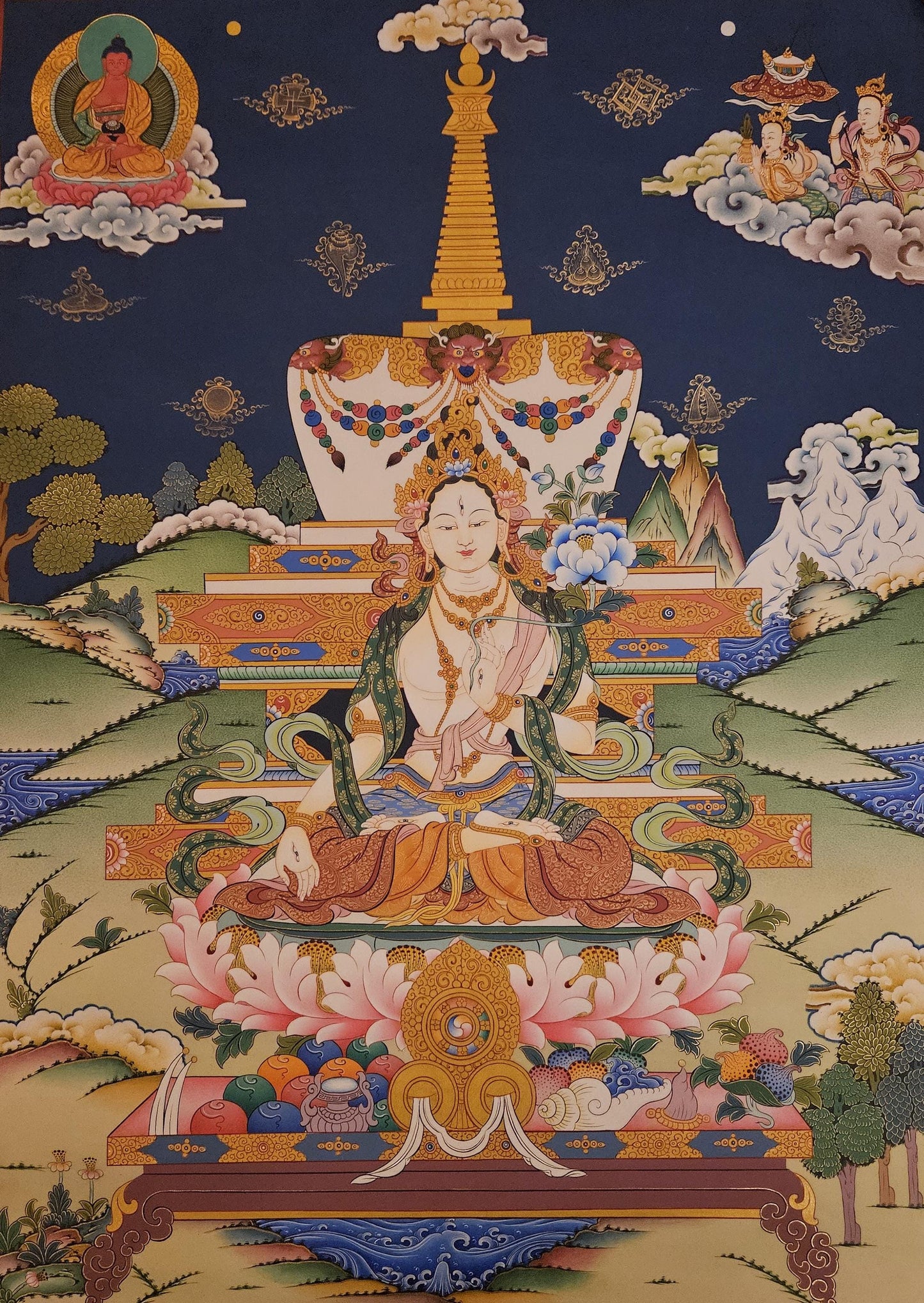 377. White Tara Stupa Thangka (Thanka). Free Brocade / Free Shipping.