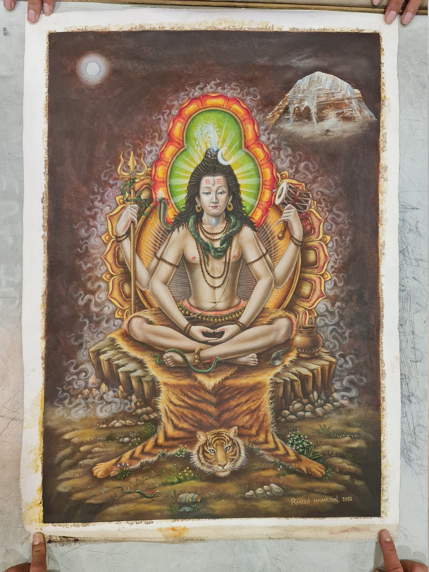 Shiva Oil Newari Painting Paubha in Canvas. Signed by the Artist.