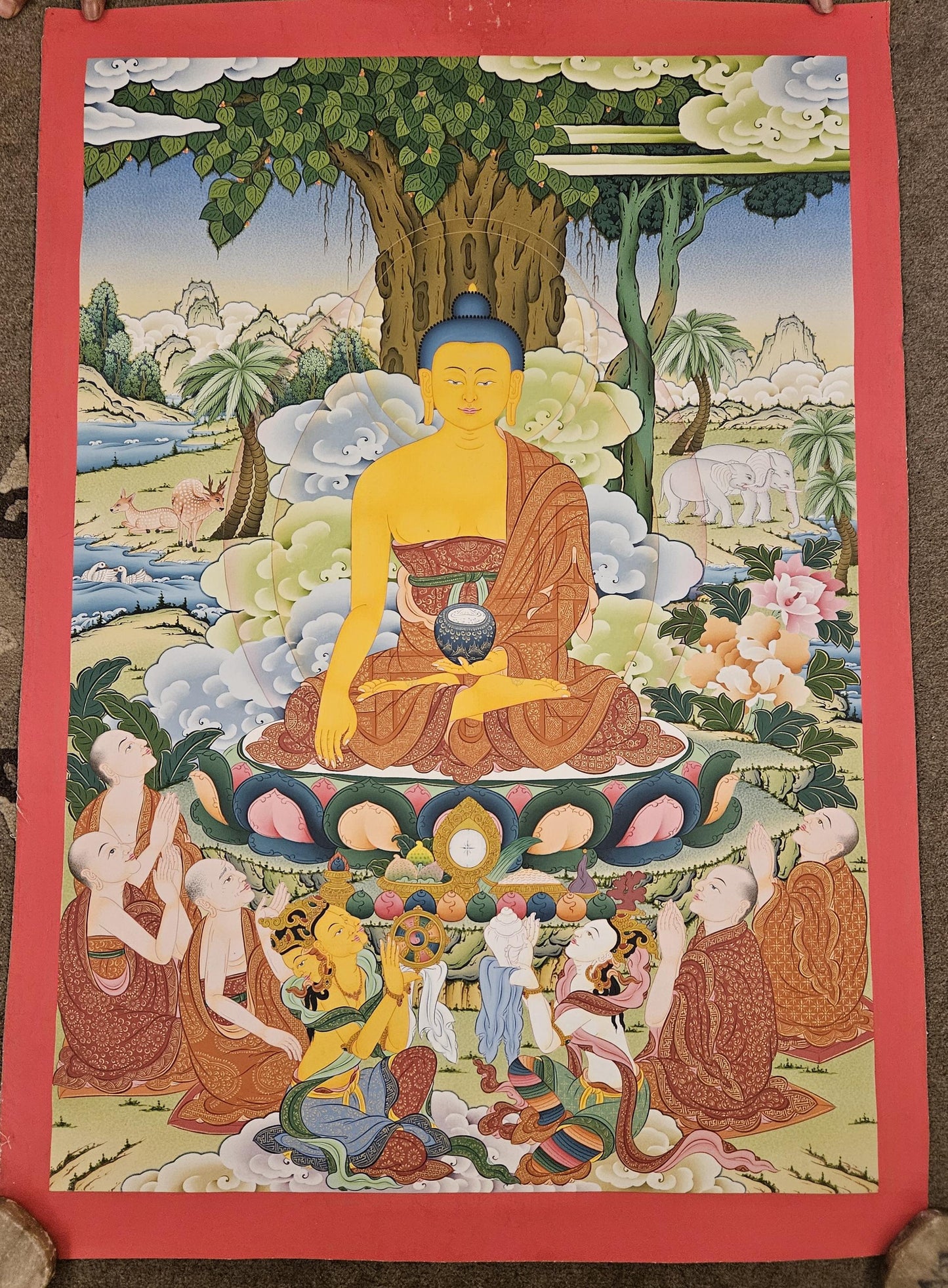 321. Five Monk Teaching with Shakyamuni Buddha (Thangka). Free Brocade / Free Shipping.
