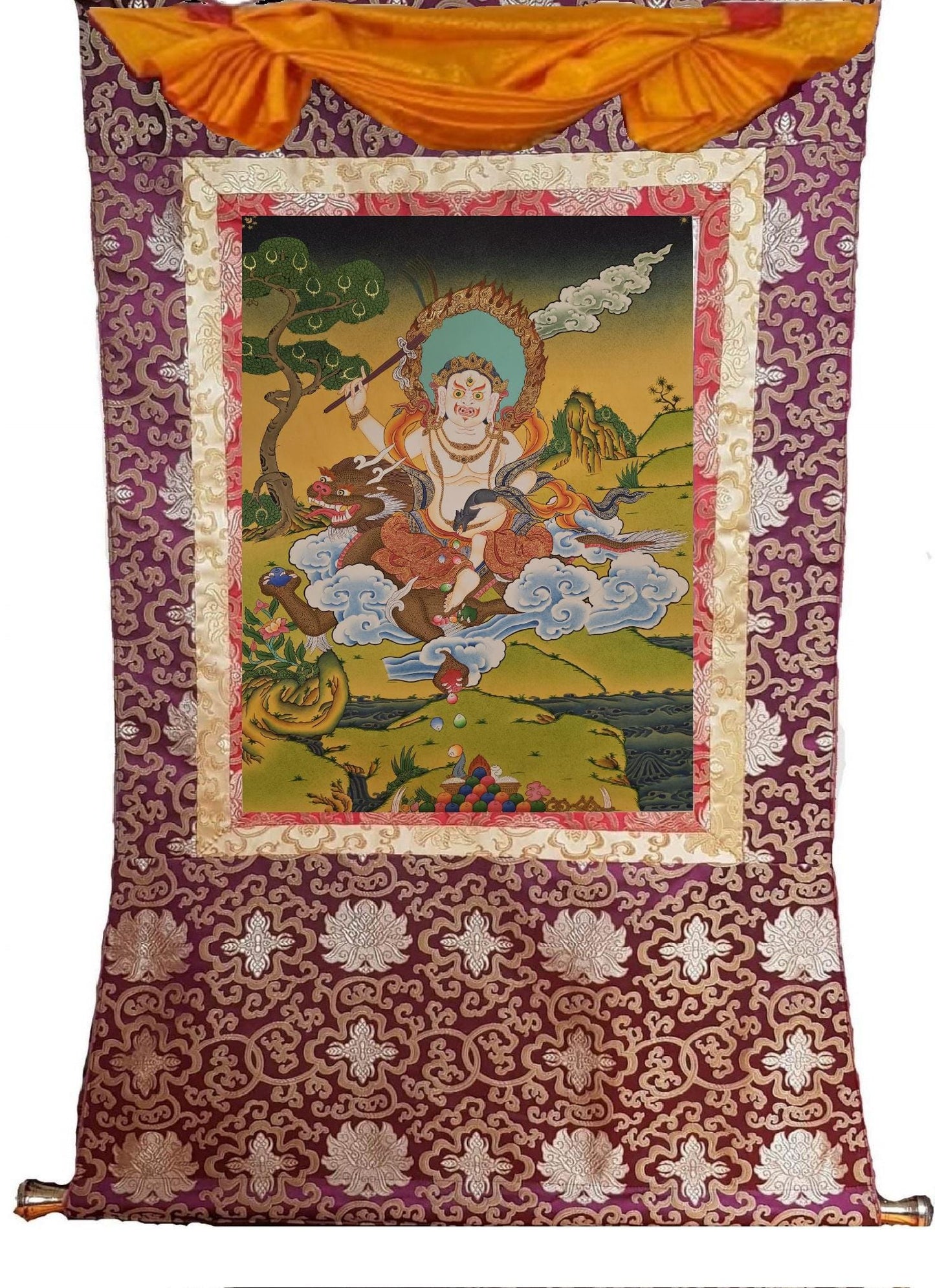 390. White Jambhala or Zambhala Thangka (Thanka). Free Brocade / Free Shipping.