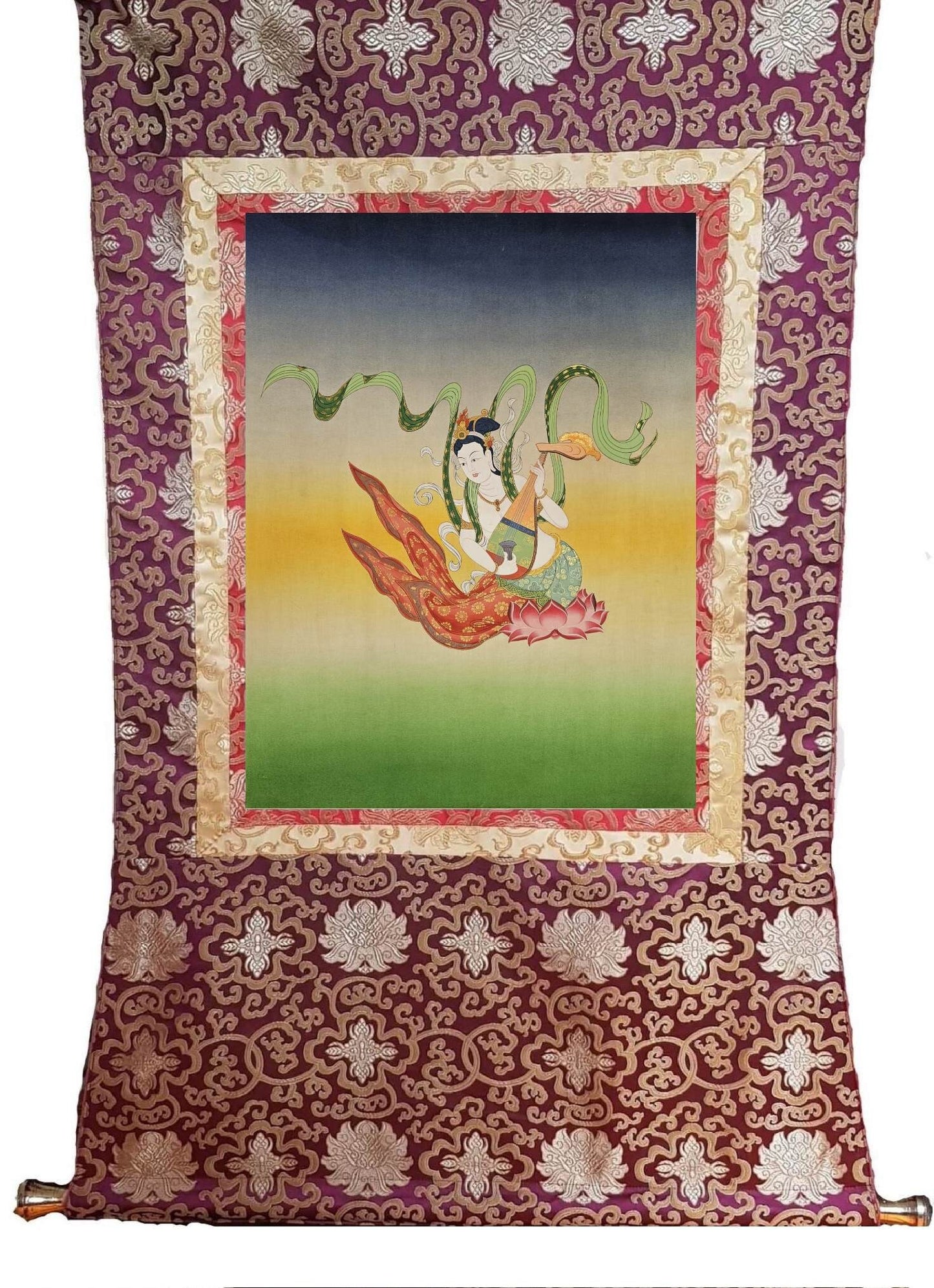 326. Saraswati (Saraswoti) Japanese Style Art Painting Thanka (Thangka). Free Shipping / Free Brocade.