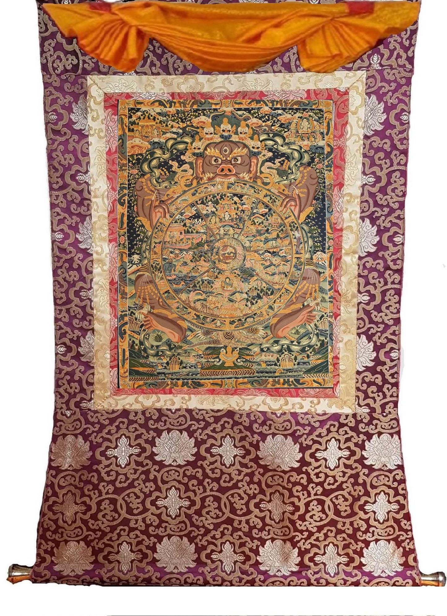 378. Large Wheel of Life (Samsara) Thangka (Thanka). Free Brocade / Free Shipping.