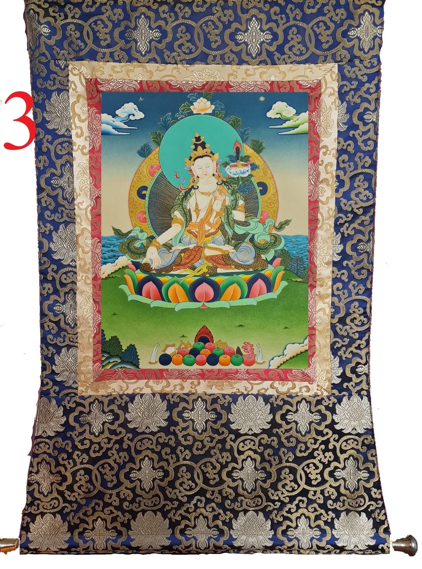 252. White Manjushree (Manjushri) Thangka (Thanka). Free Brocade / Free Shipping.