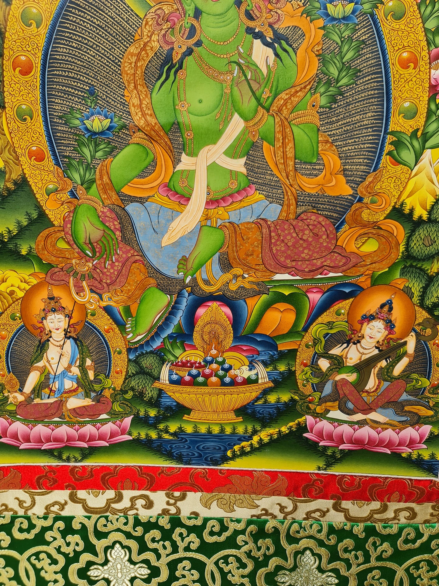 Green Tara Thangka (Thanka) with Green Brocade. Free Shipping.