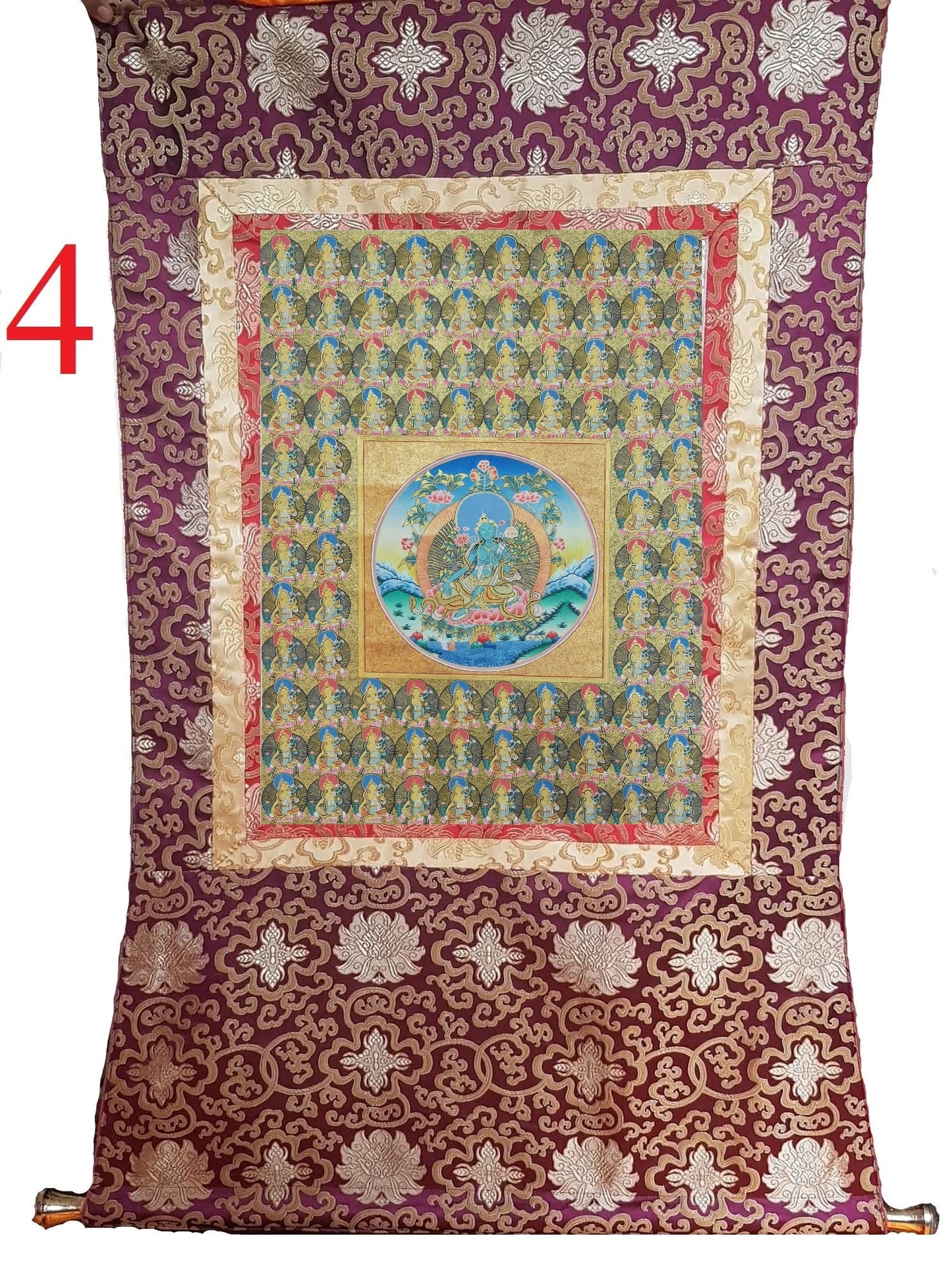 221. 108 Gold Green Tara Thangka (Thanka). Free Brocade / Free Shipping.