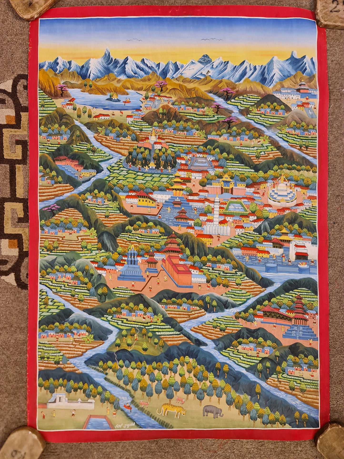 253. Kathmandu Valley Painting with Artist Signature. Free Brocade / Free Shipping.