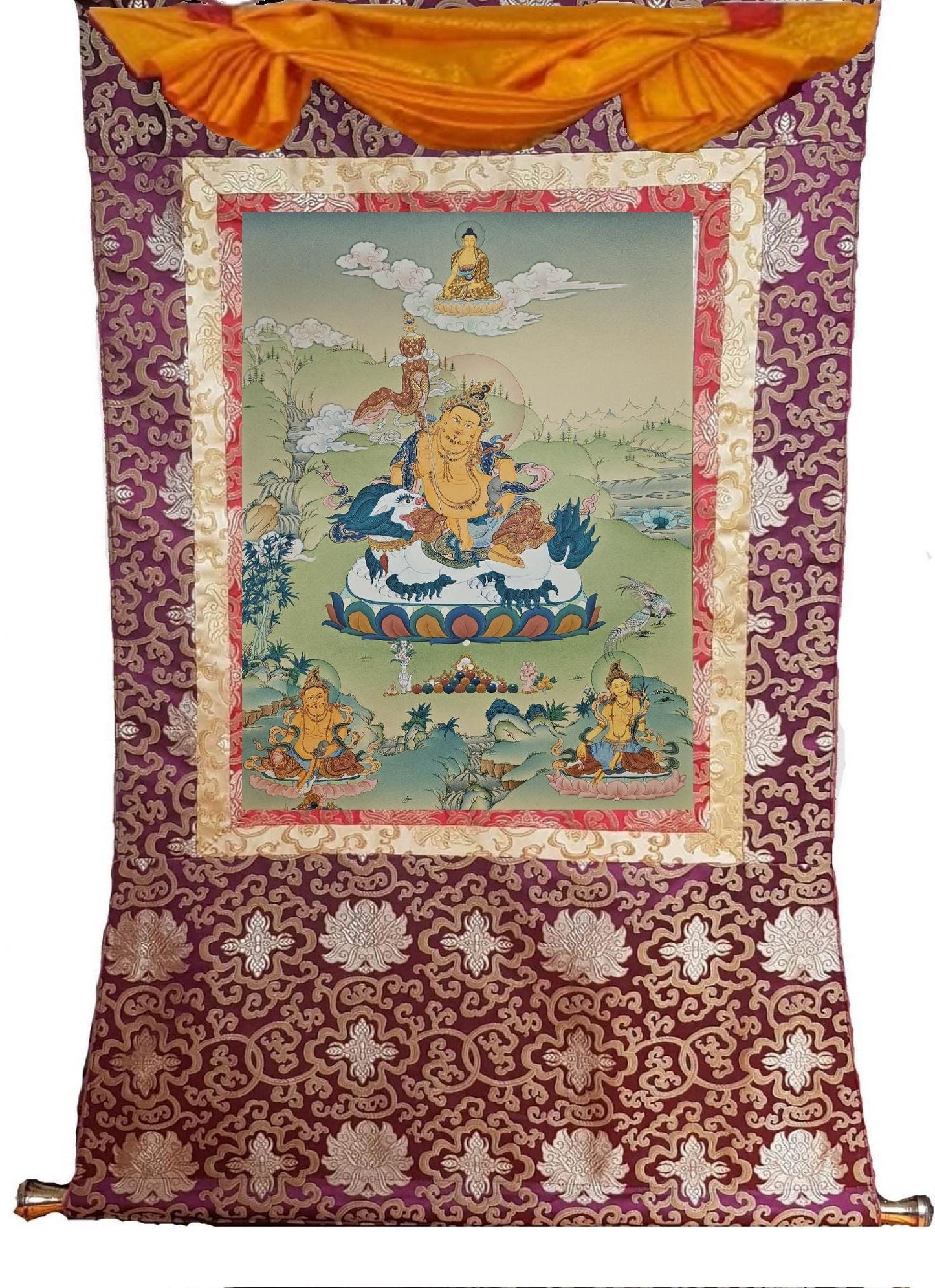 387. Namtoshe Jambhala or Zambhala Thangka (Thanka). Free Brocade / Free Shipping.