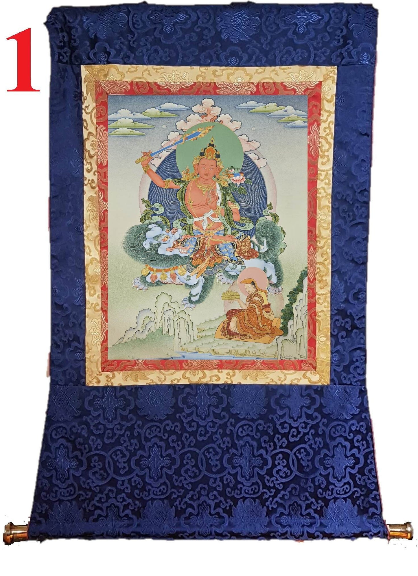 242. Red Manjushri Simhanada Thangka (Thanka). Free Brocade / Free Shipping.