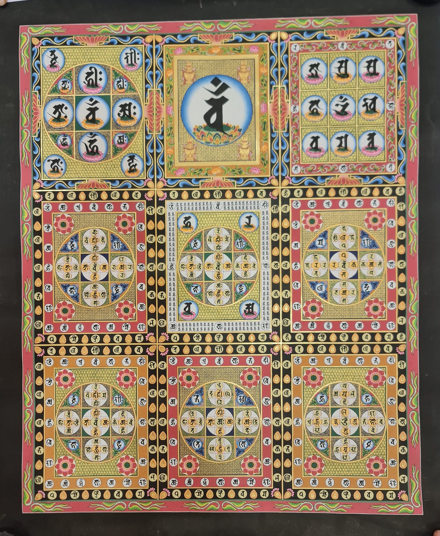 292. Ryokai (Roukai) Womb World Dharma Dhatu and Vajra Dhatu Mandala Thanka (Thangka) with Sanskrit Letters. Free Shipping.