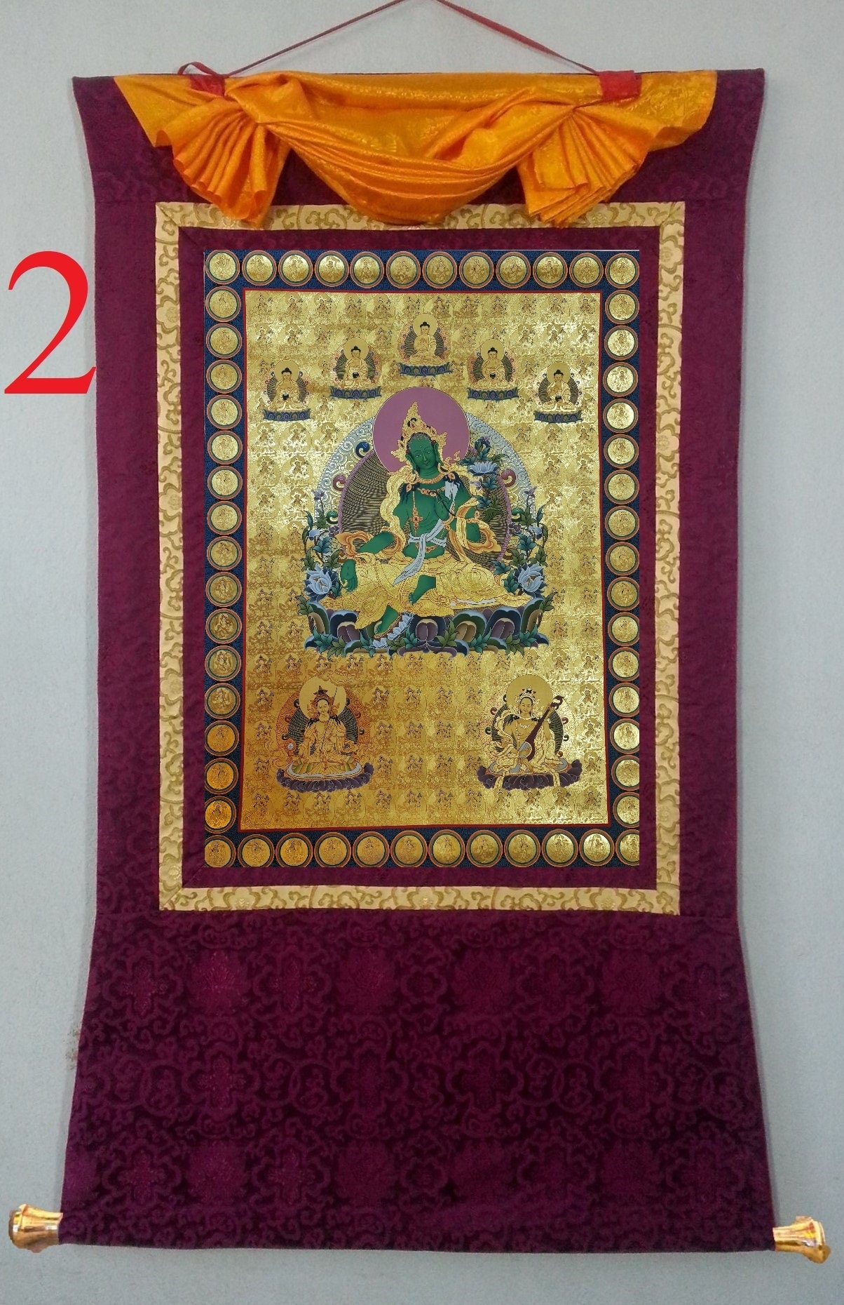 233. 108 Gold Green Tara Thangka (Thanka). Free Brocade / Free Shipping.