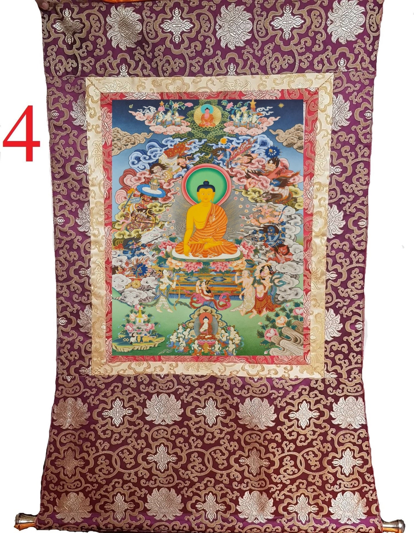 268. The Temptation of Buddha by Mara and his Three Daughters Thanka (Thangka). Free Brocade / Free Shipping.
