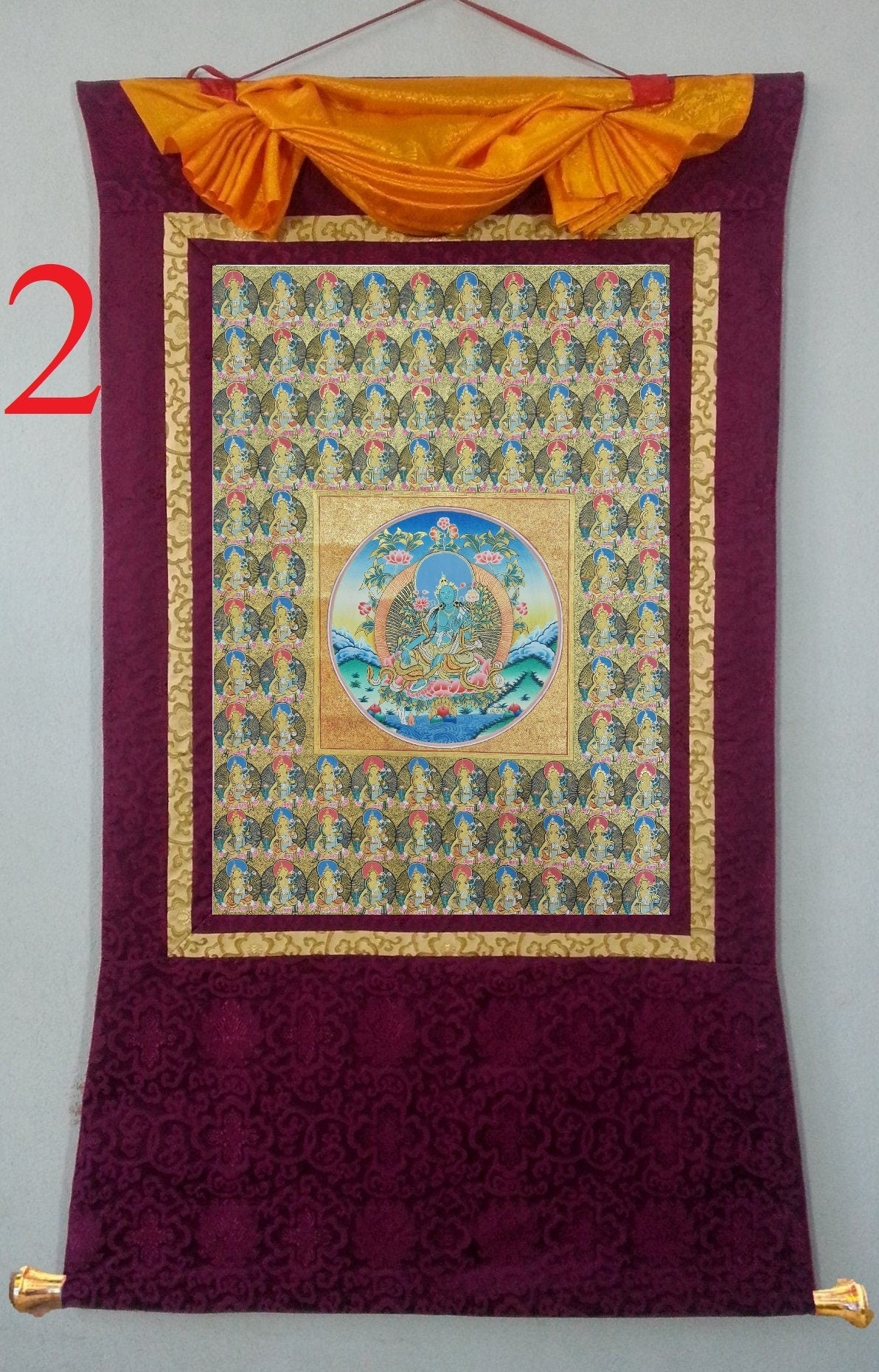 221. 108 Gold Green Tara Thangka (Thanka). Free Brocade / Free Shipping.