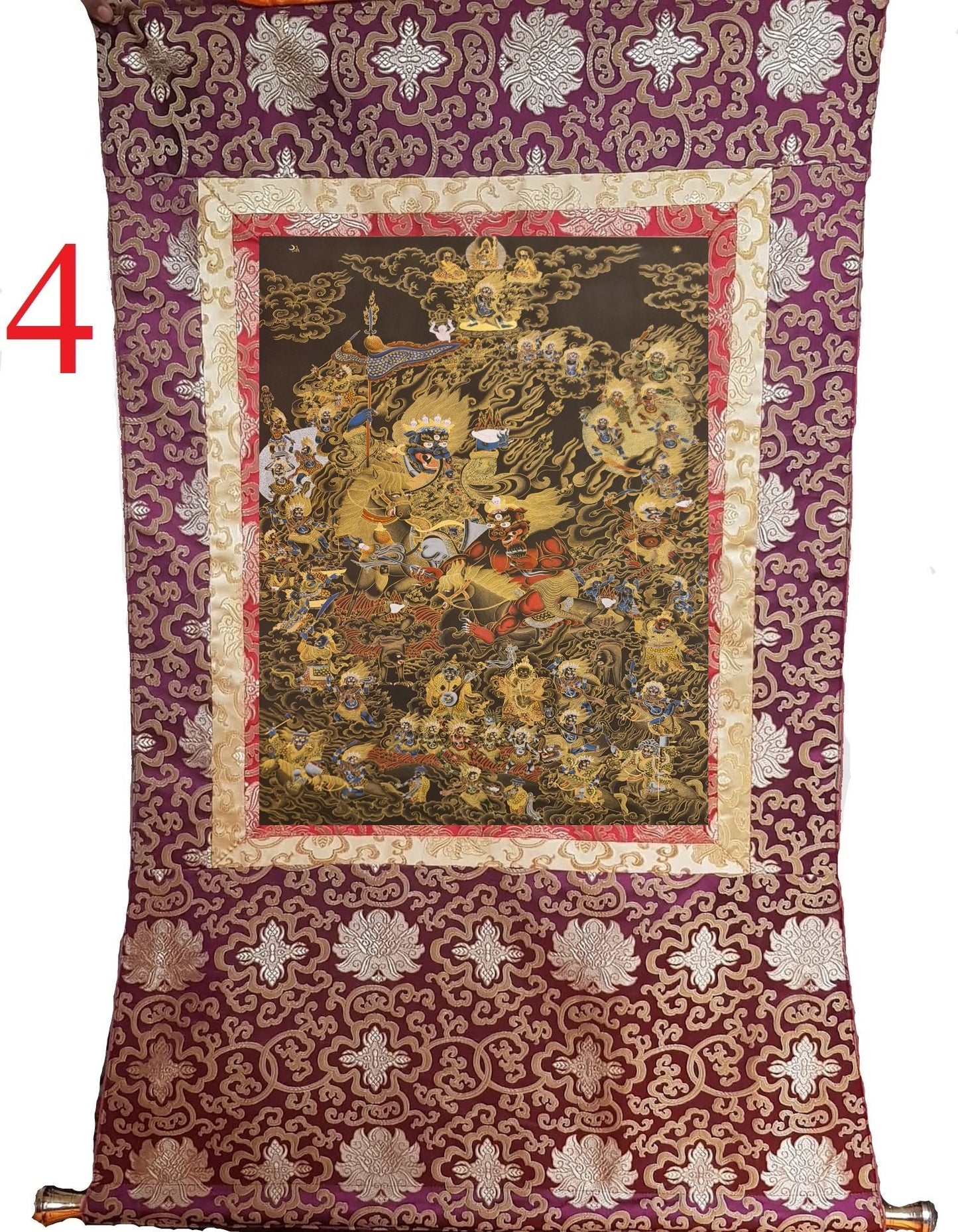 303. Shing Kyong and his Retinue Lion faced Maranatha (Kshetrapala) Thanka (Thangka). Free Brocade / Free Shipping.