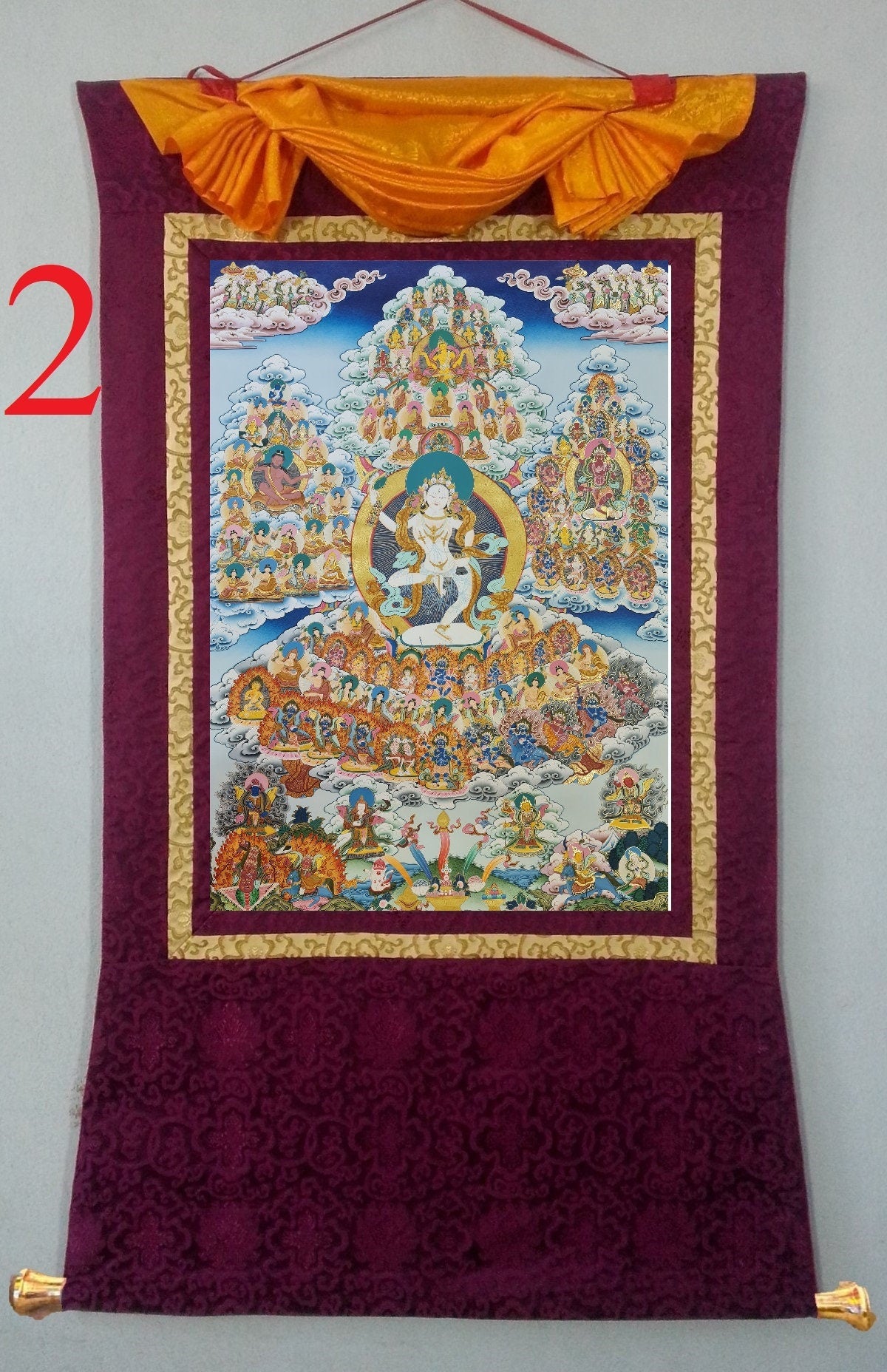 232. Machig Labdron Lineage Tree Thangka (Thanka) Painting with 24 K Gold. Free Brocade / Free Shipping.