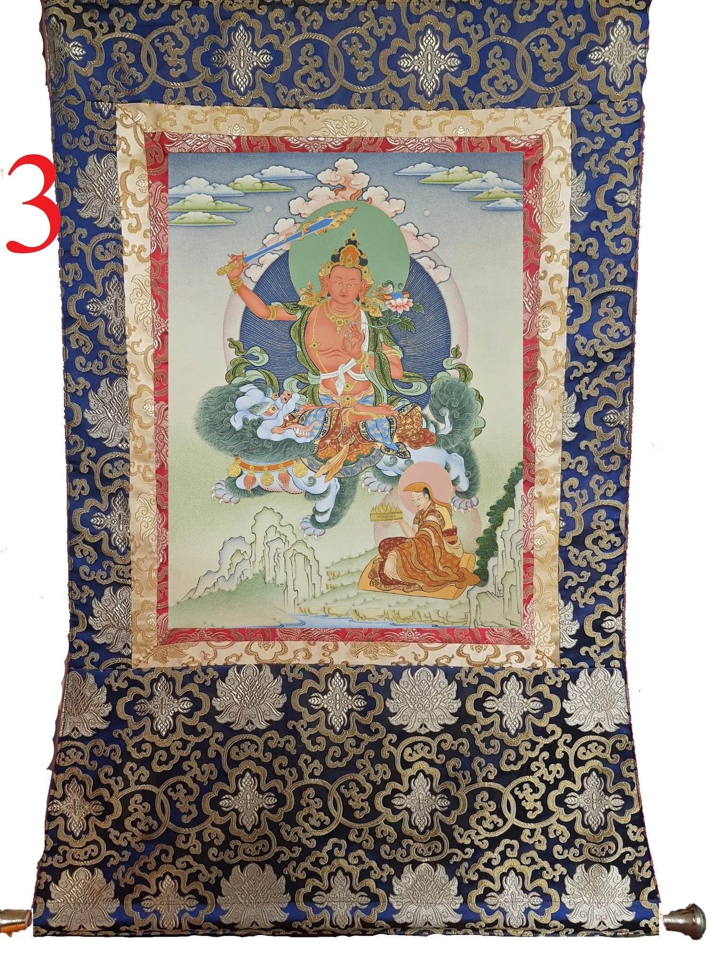 242. Red Manjushri Simhanada Thangka (Thanka). Free Brocade / Free Shipping.