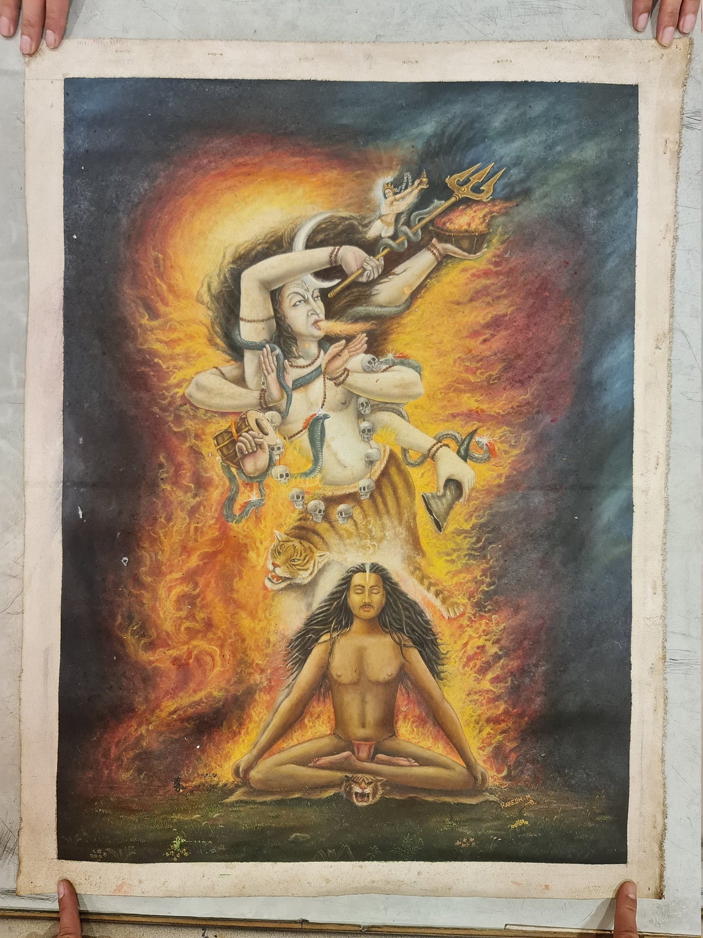 Shiva and Bhagirath Oil Painting in Canvas. Signed by the Artist.