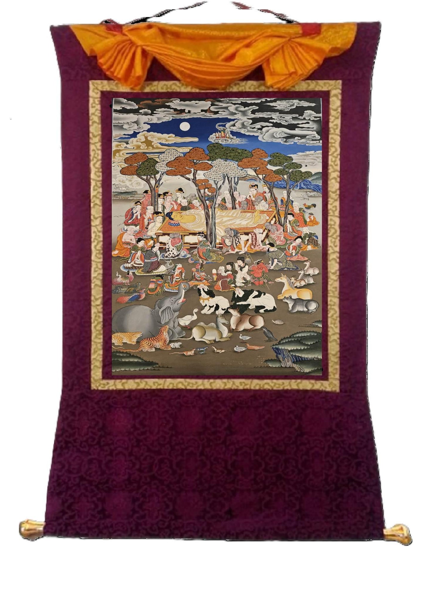 281. The Passage of Shakyamuni Buddha into Nirvana Thanka (Thangka). Free Brocade / Free Shipping.