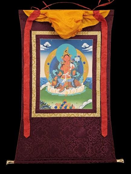 102. Red Tara Thangka (Thanka) with Wine Color Brocade. Free Shipping.